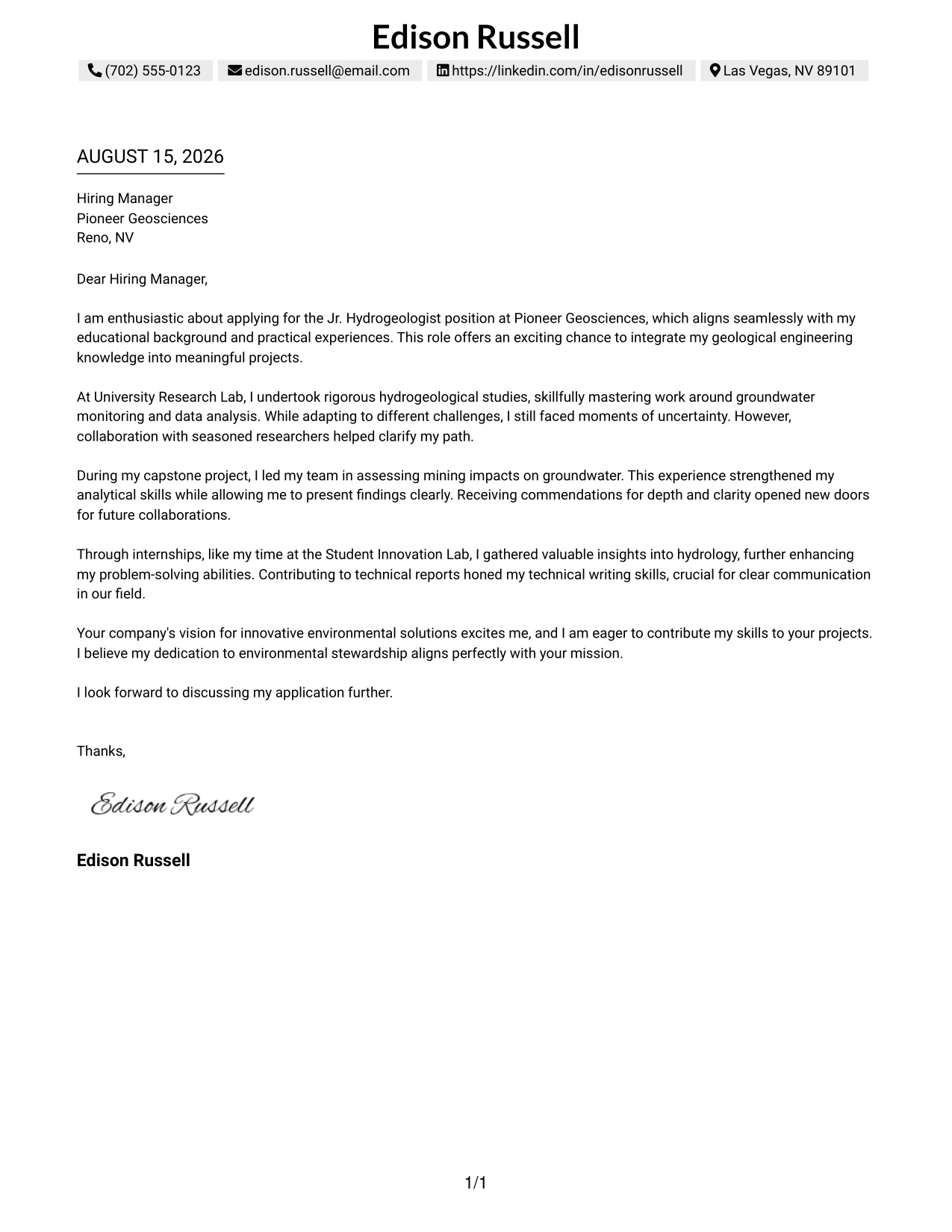 Resume Example Page 1