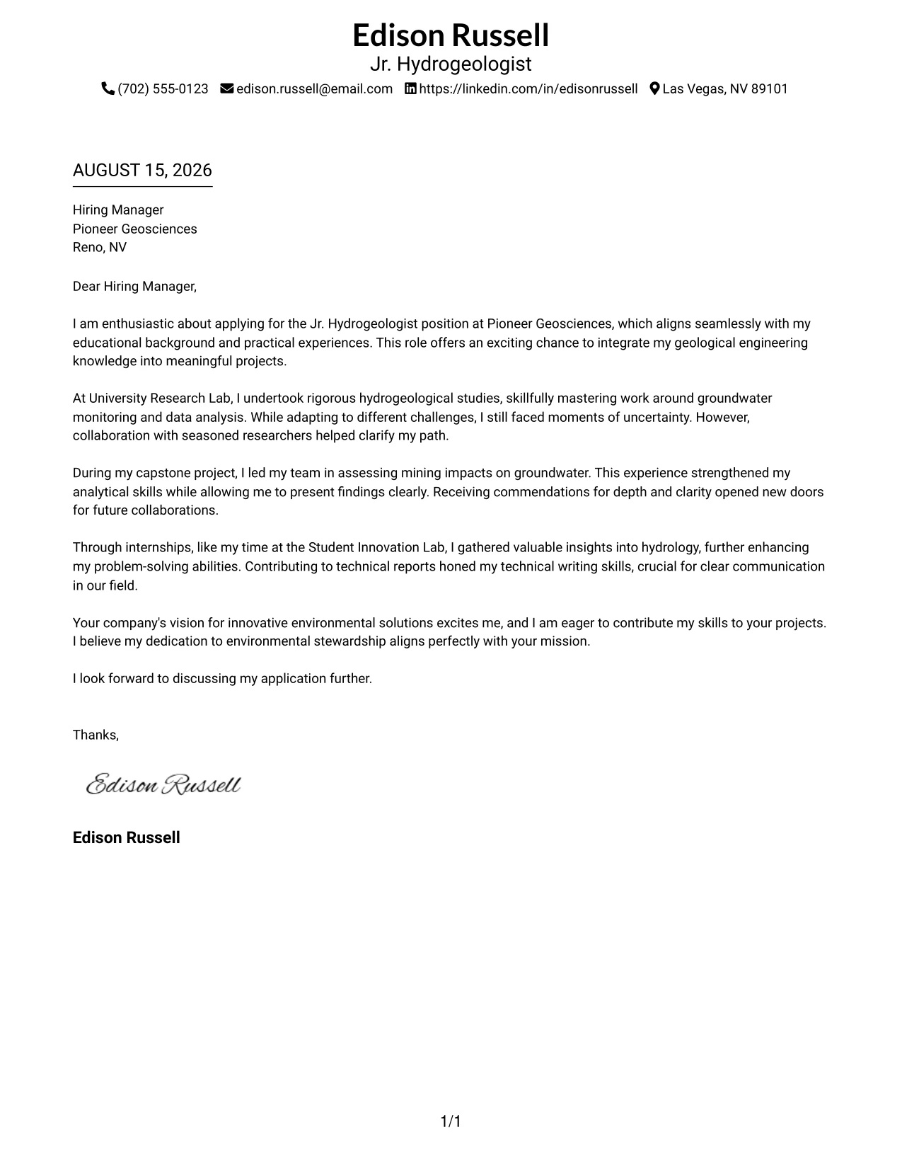 Resume Example Page 1