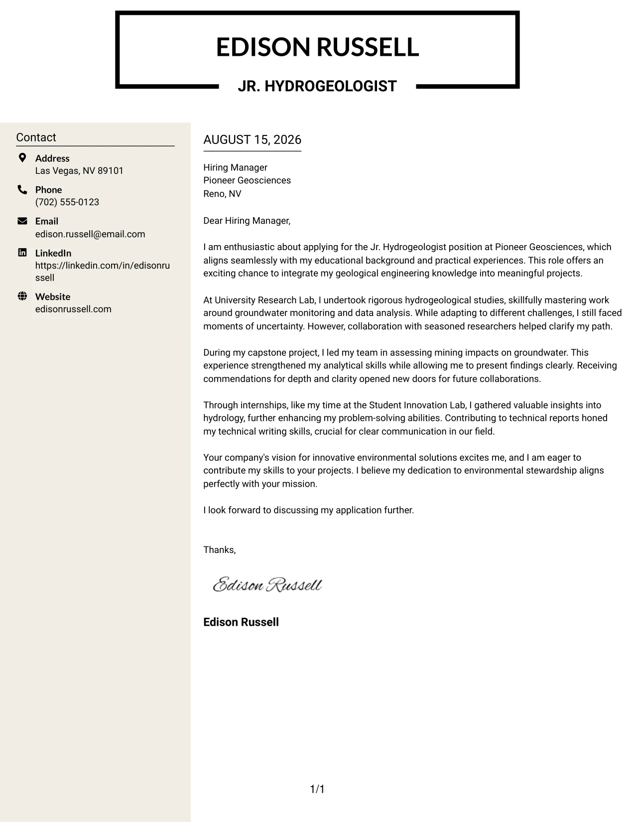 Resume Example Page 1