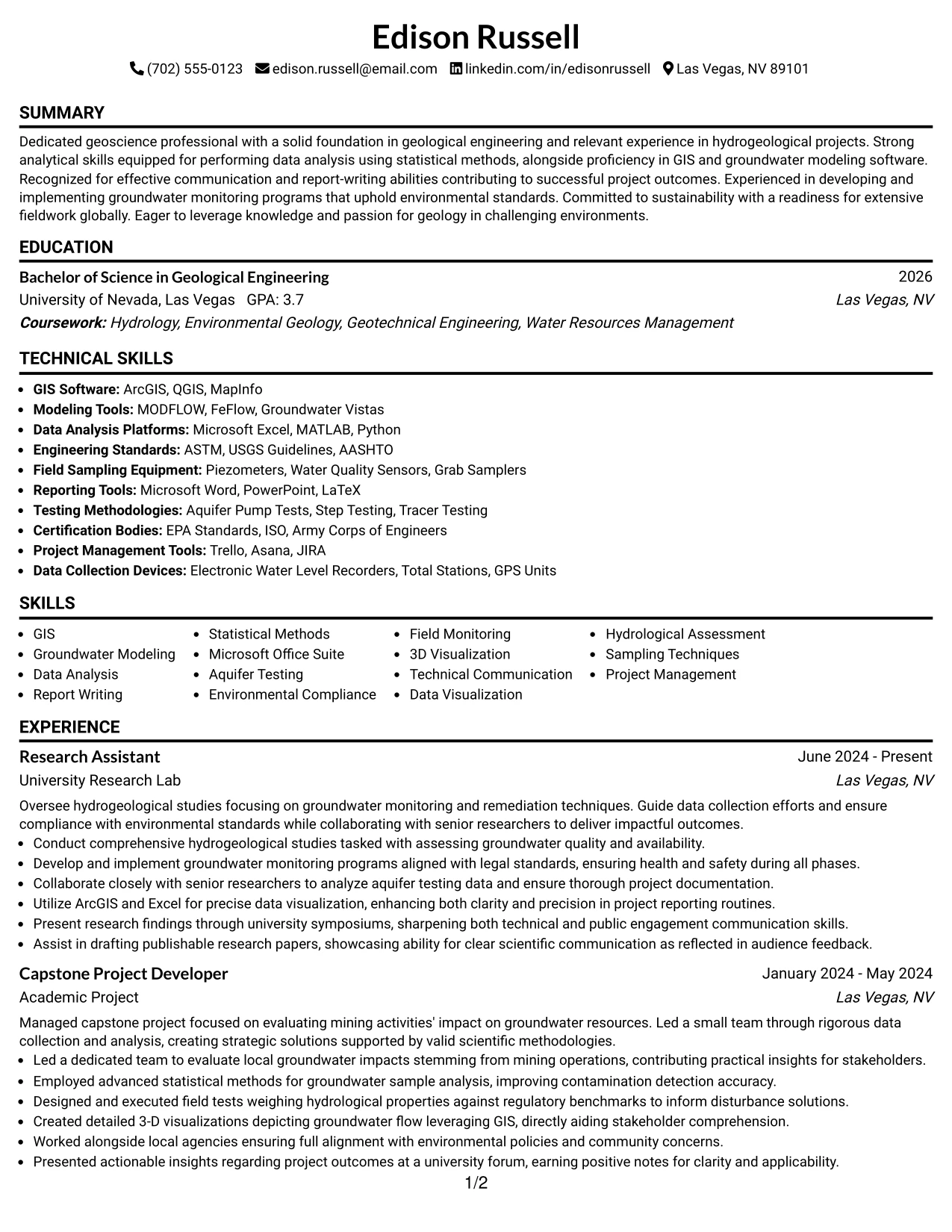 Resume Example Page 1
