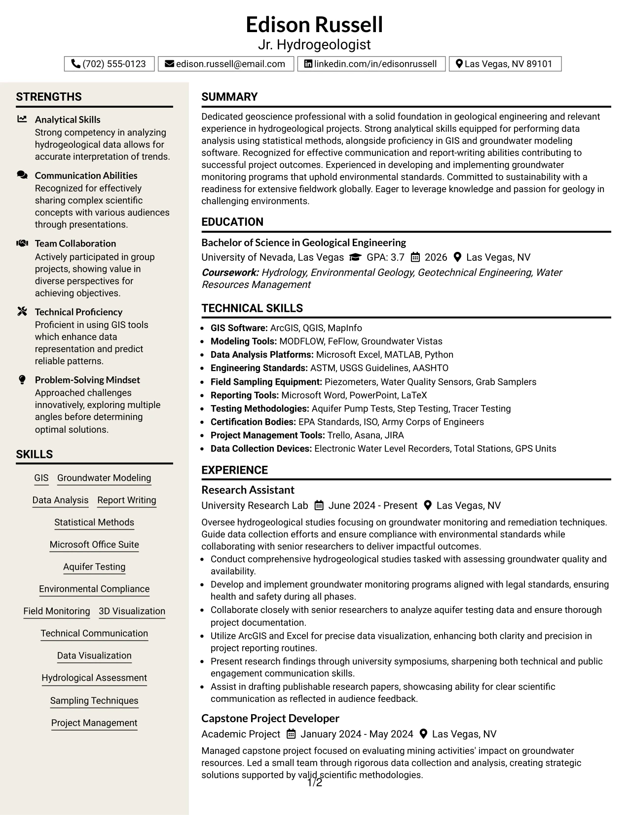 Resume Example Page 1