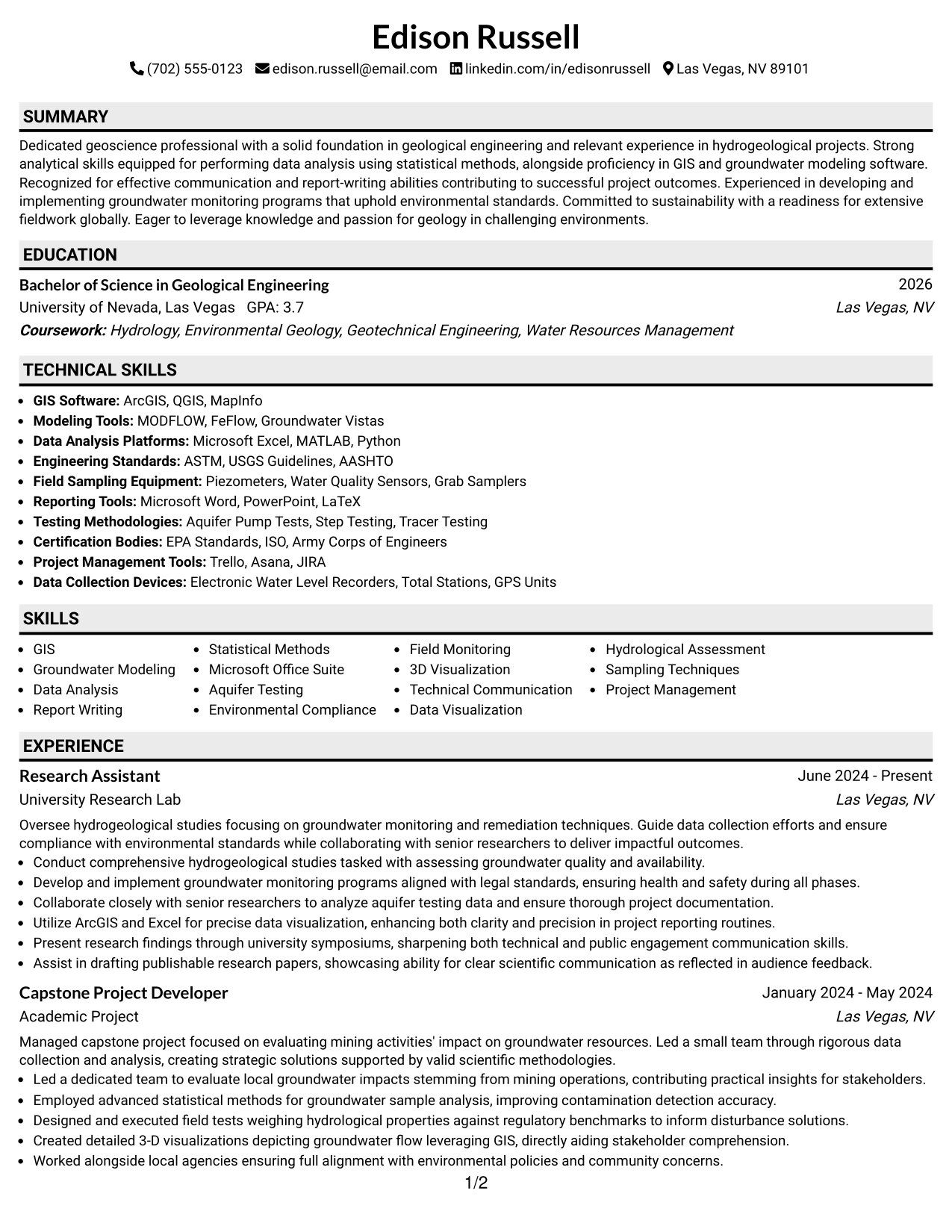 Resume Example Page 1