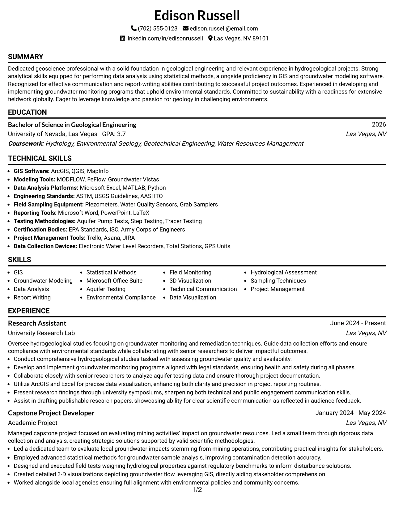 Resume Example Page 1