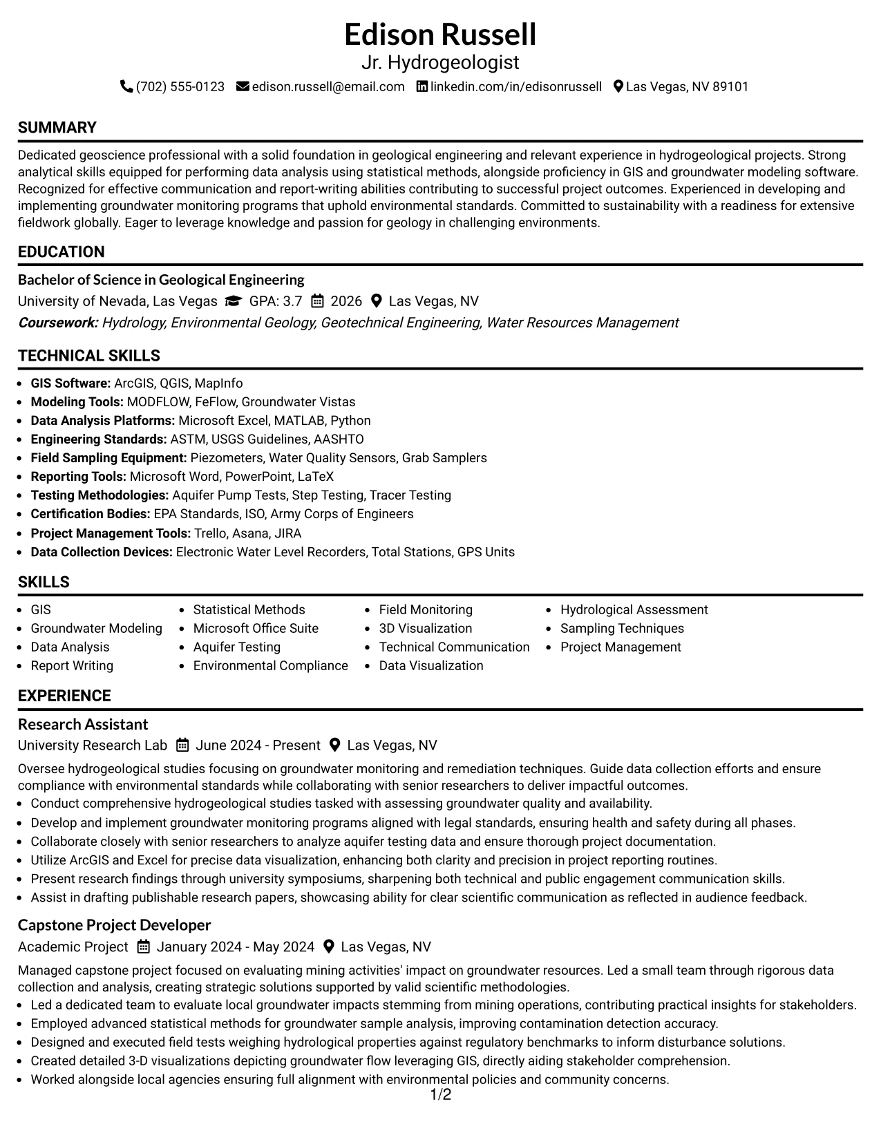 Resume Example Page 1