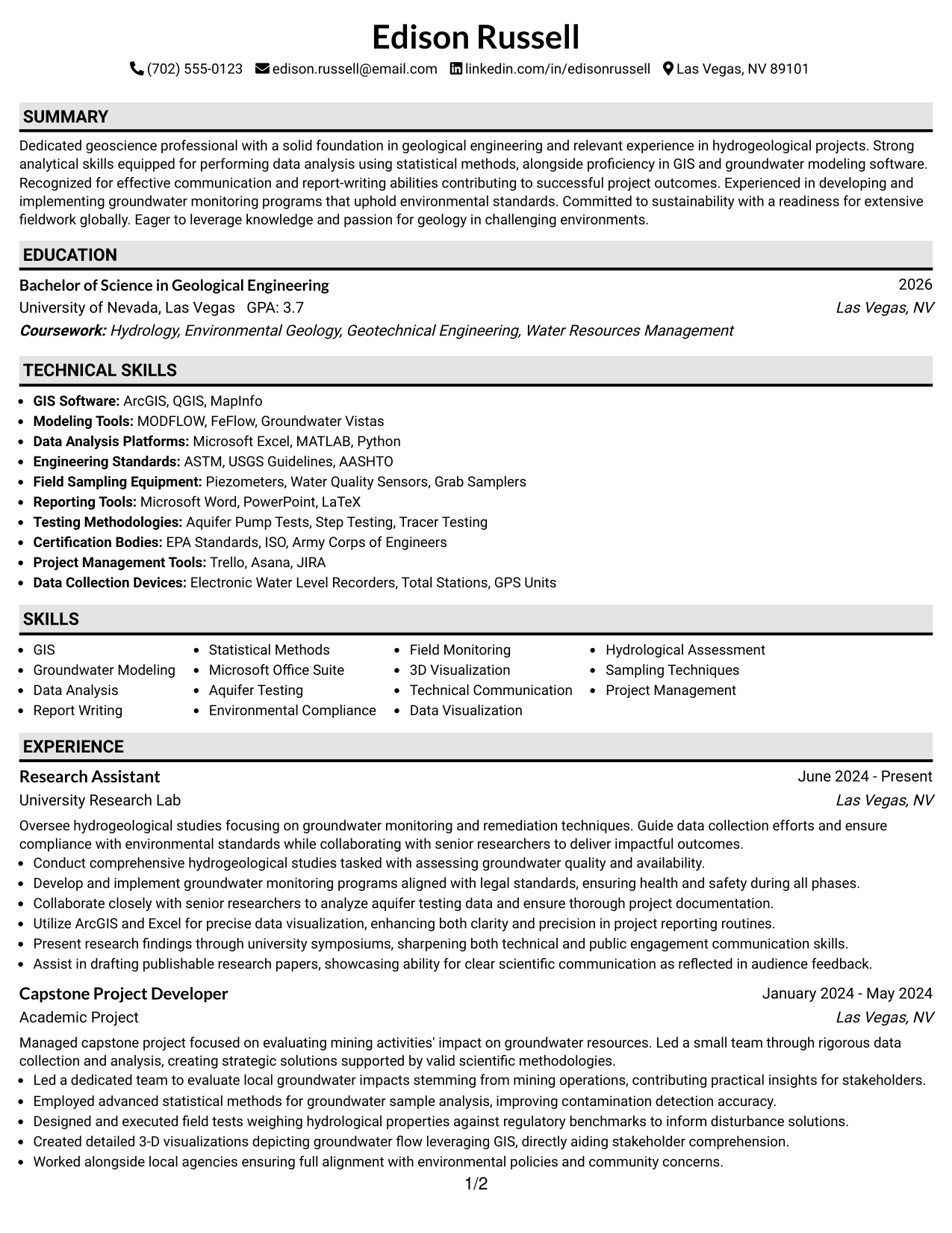 Resume Example Page 1