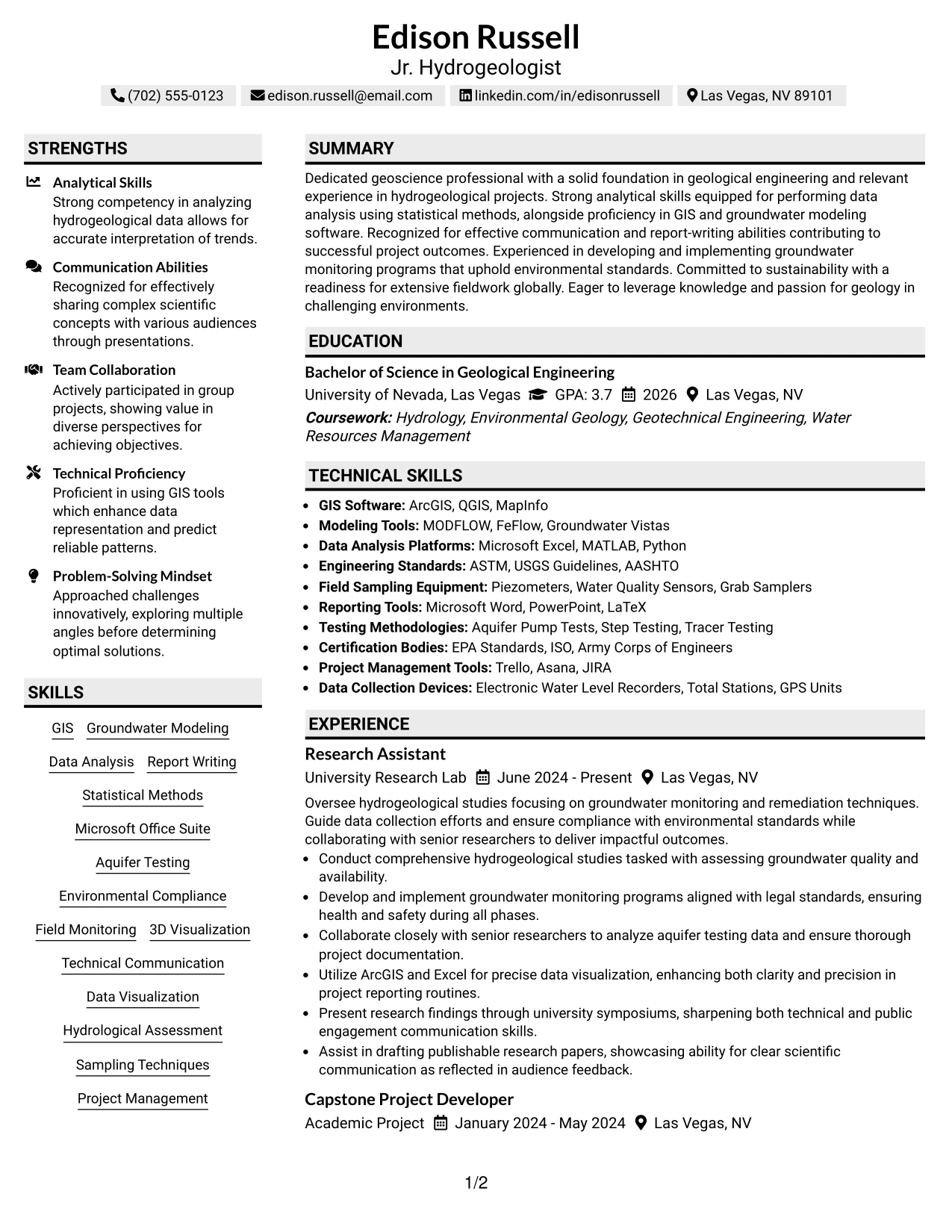Resume Example Page 1