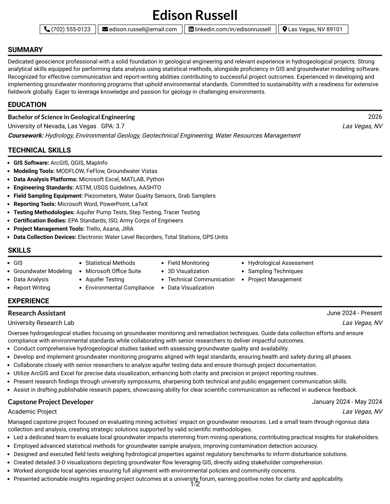 Resume Example Page 1
