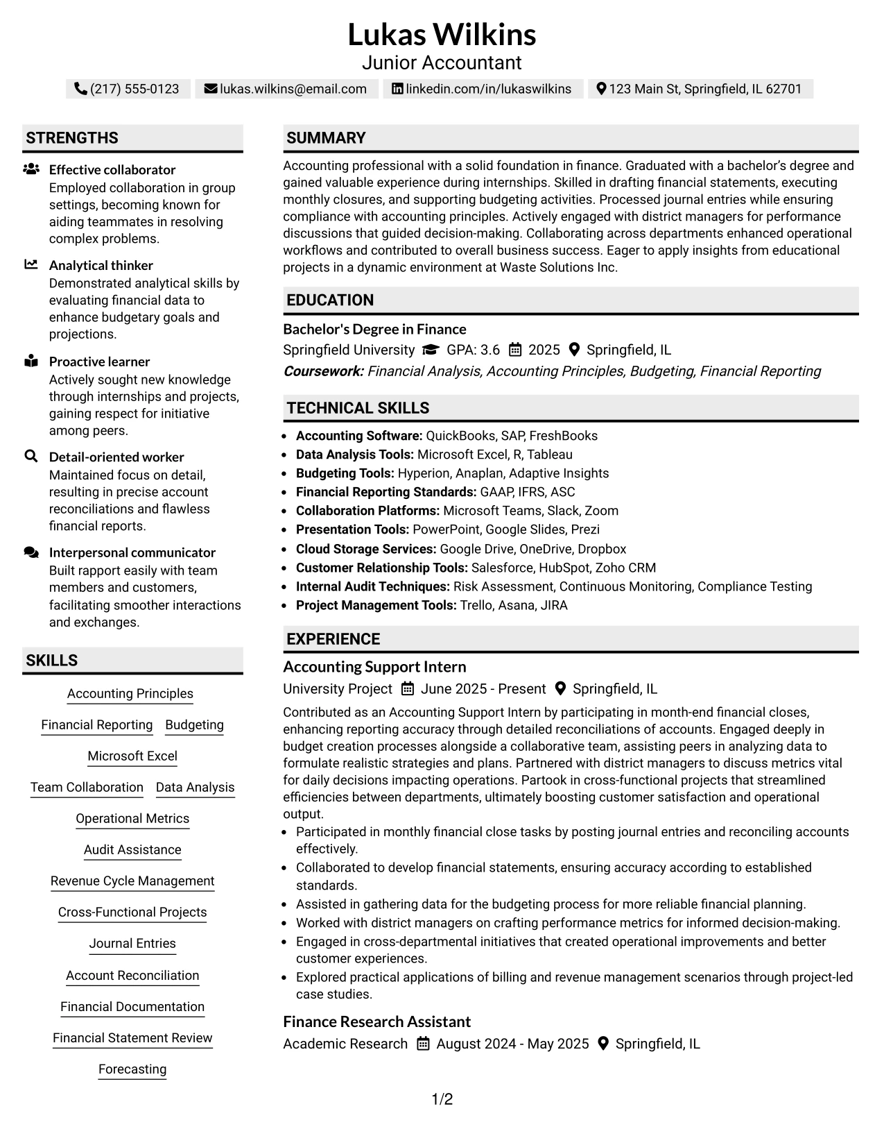 Resume Example Page 1