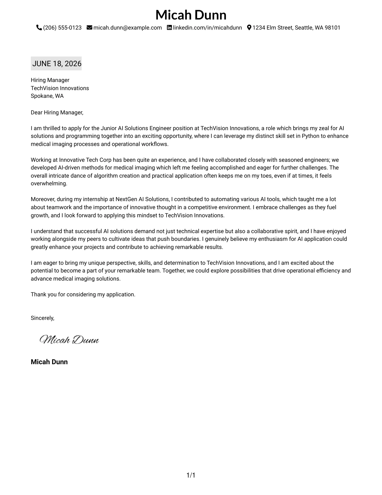 Resume Example Page 1
