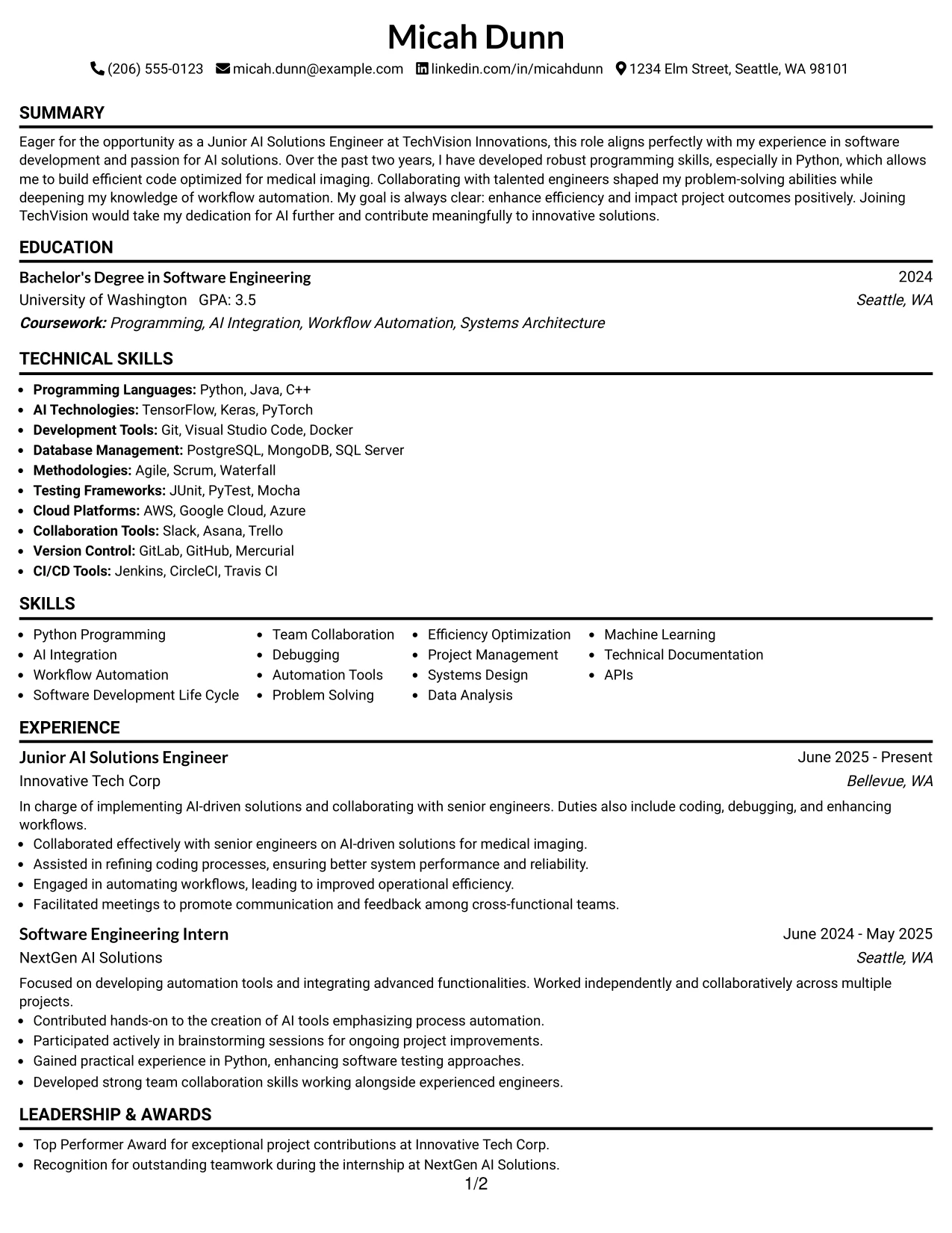 Resume Example Page 1