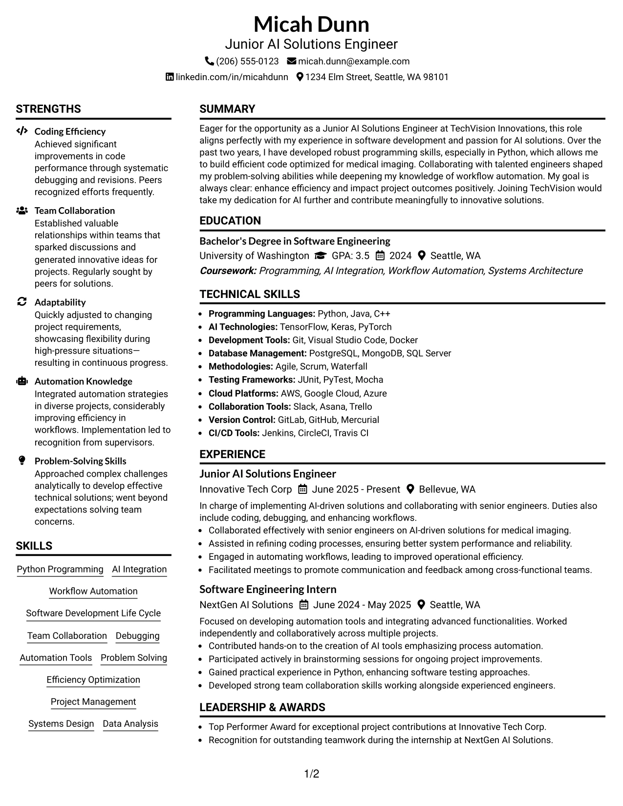 Resume Example Page 1
