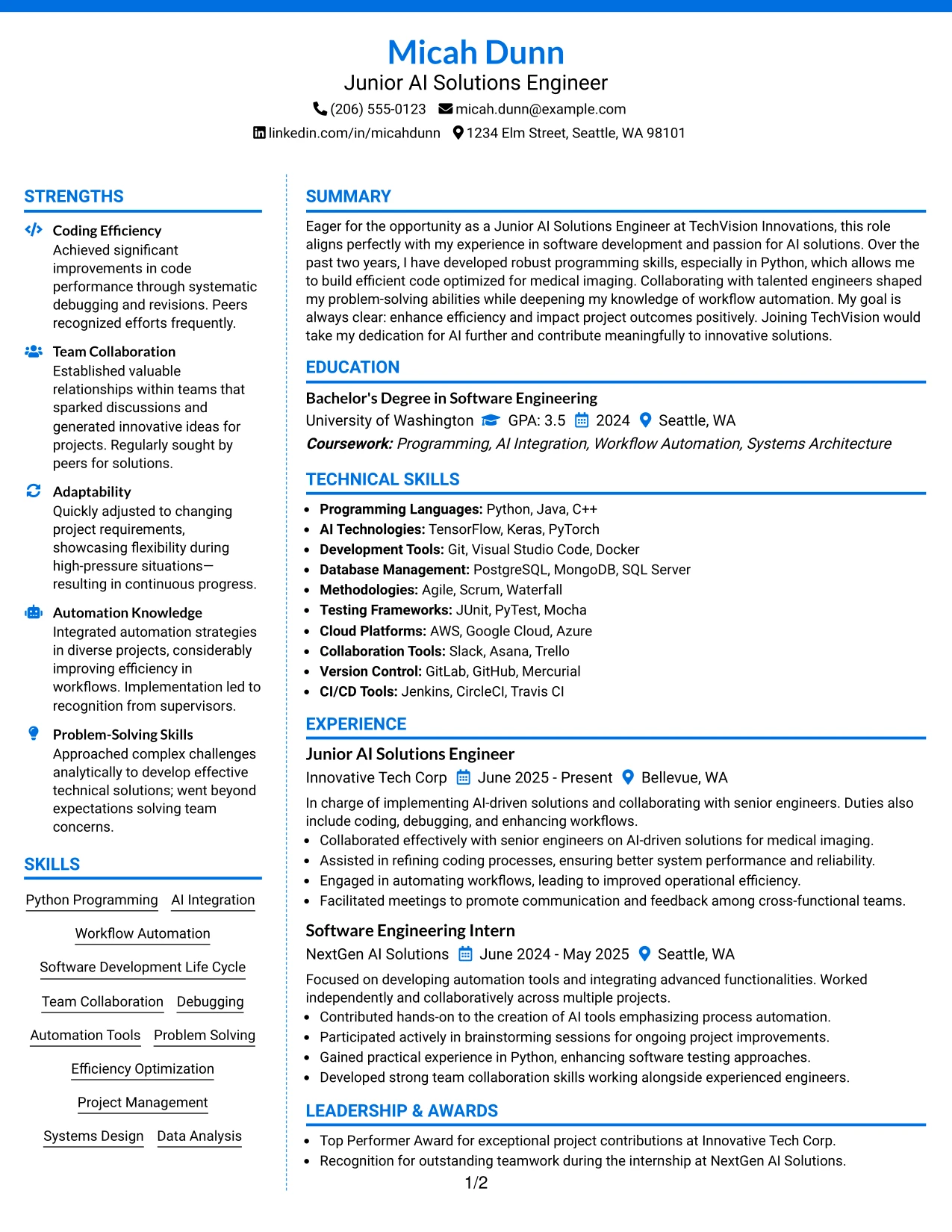 Resume Example Page 1