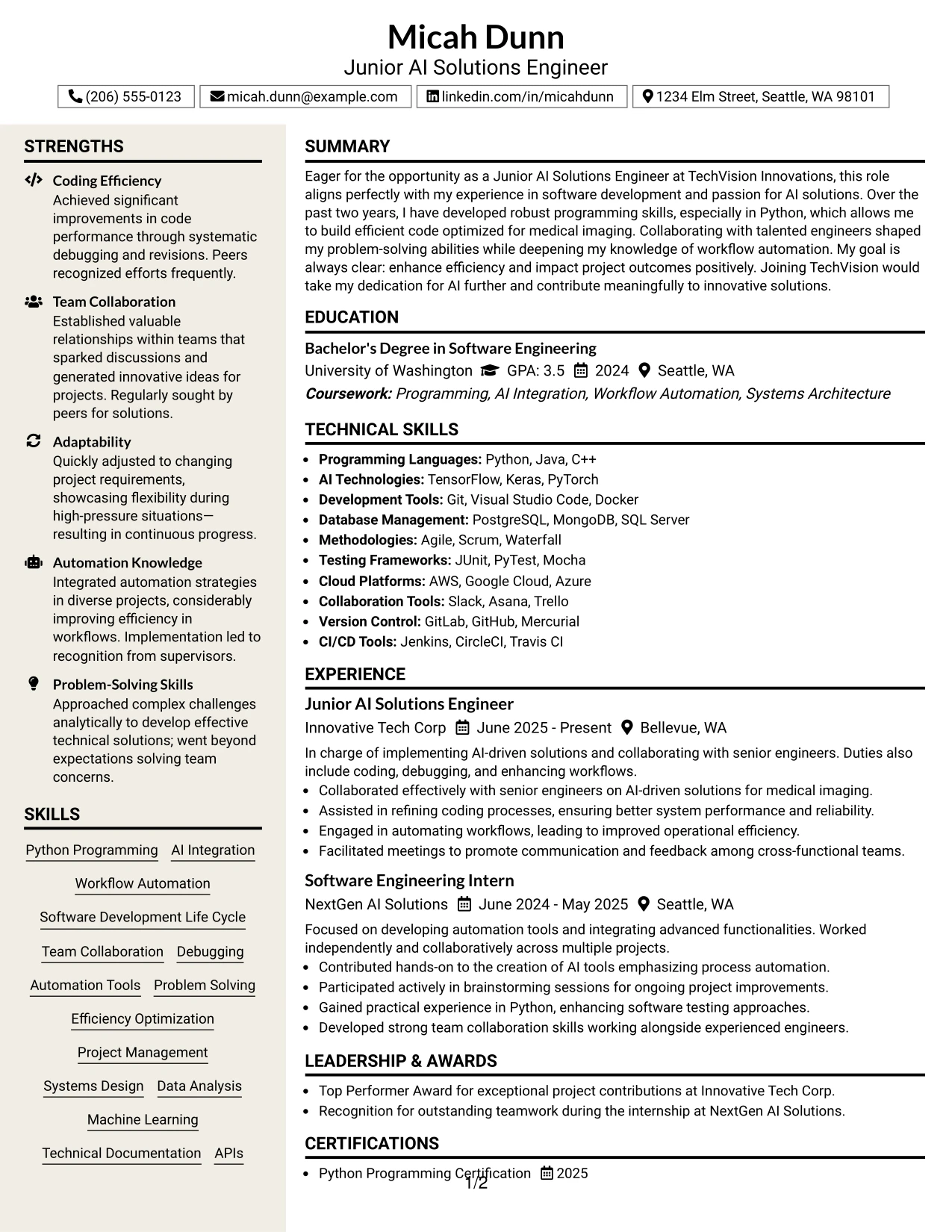 Resume Example Page 1