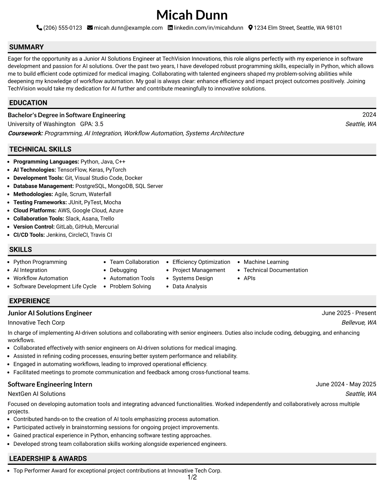 Resume Example Page 1