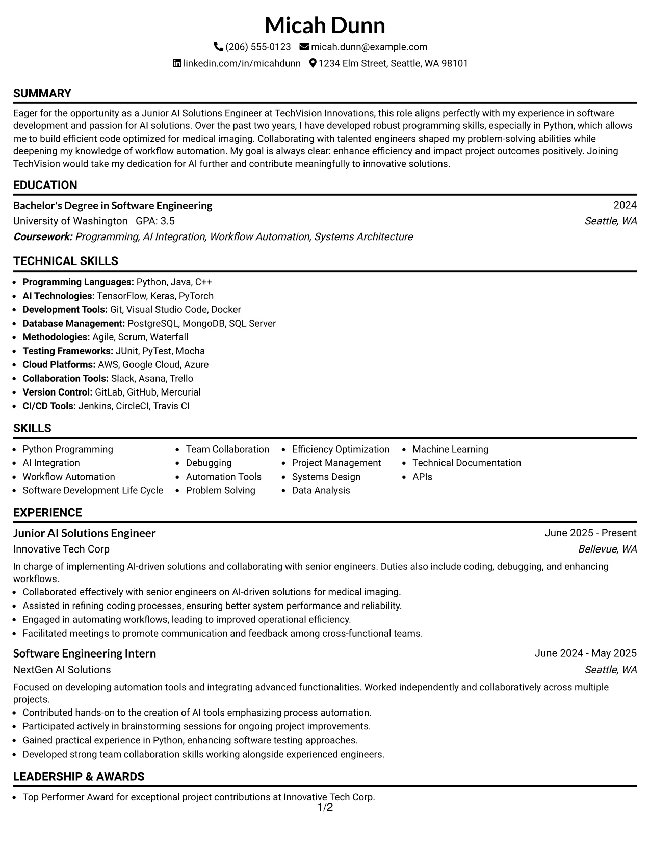 Resume Example Page 1