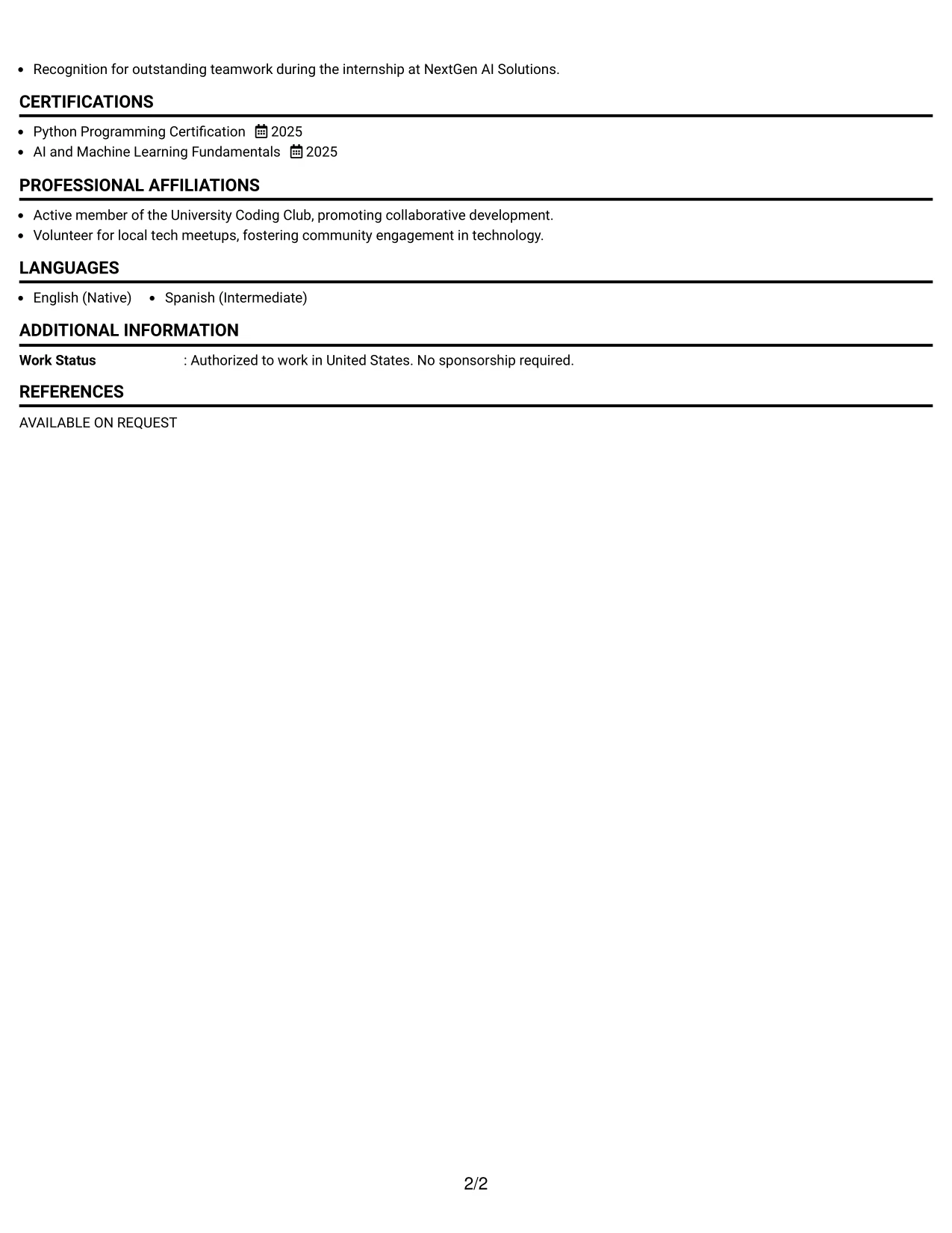 Resume Example Page 2