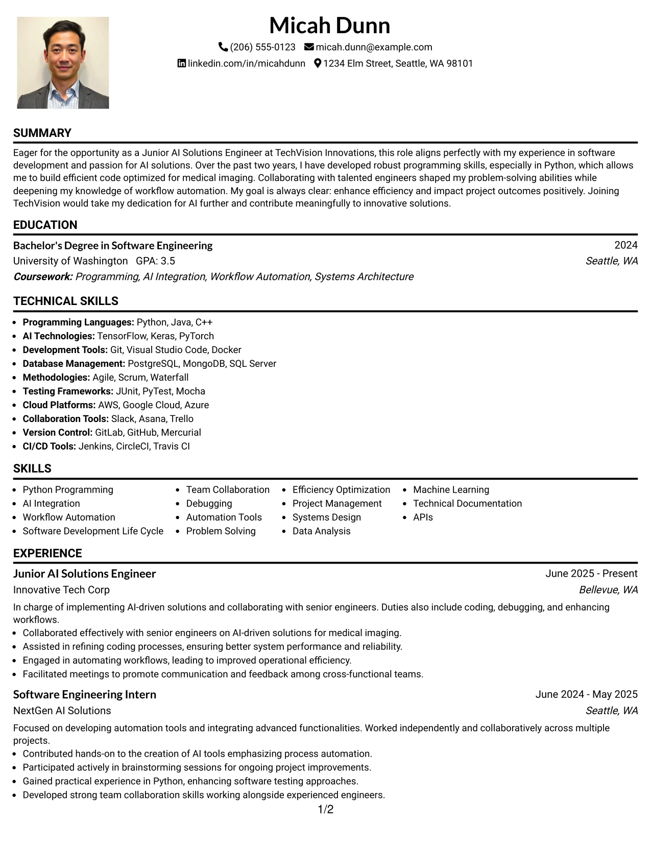 Resume Example Page 1