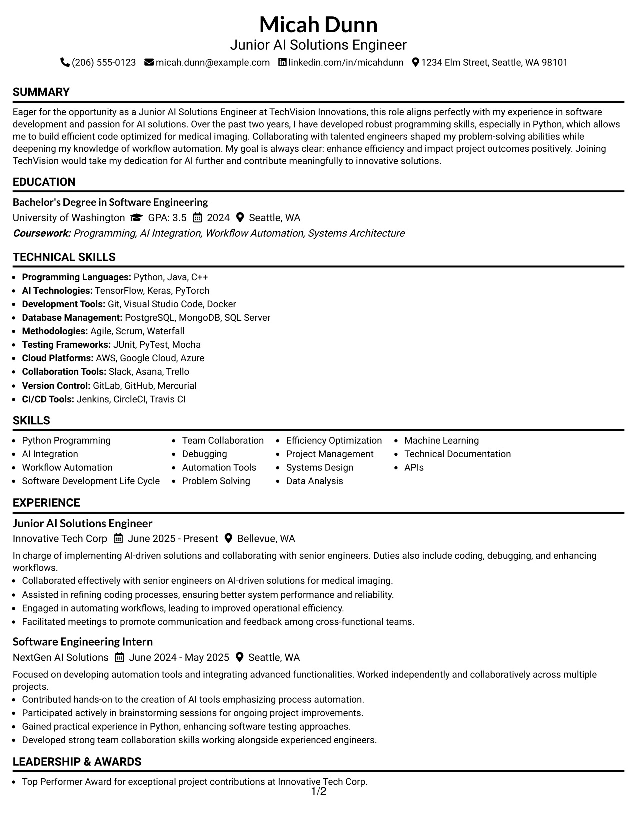 Resume Example Page 1