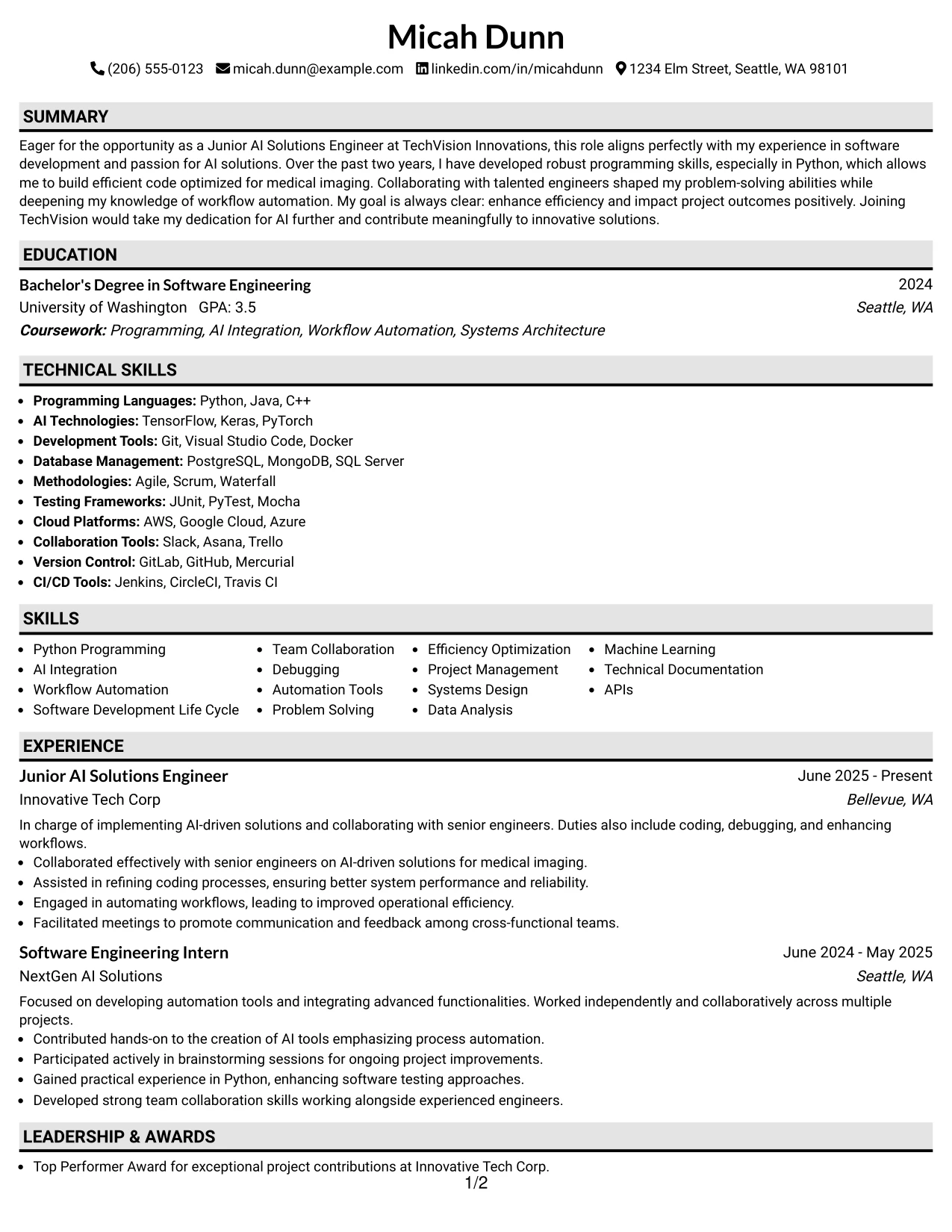 Resume Example Page 1