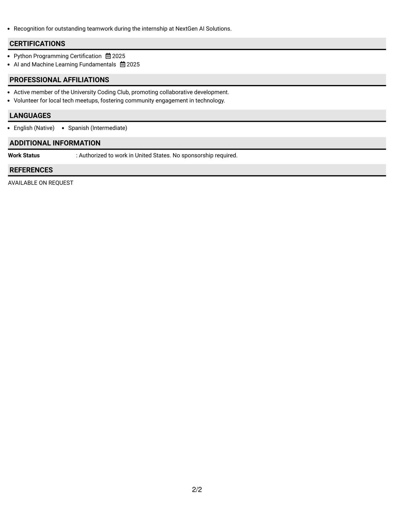Resume Example Page 2