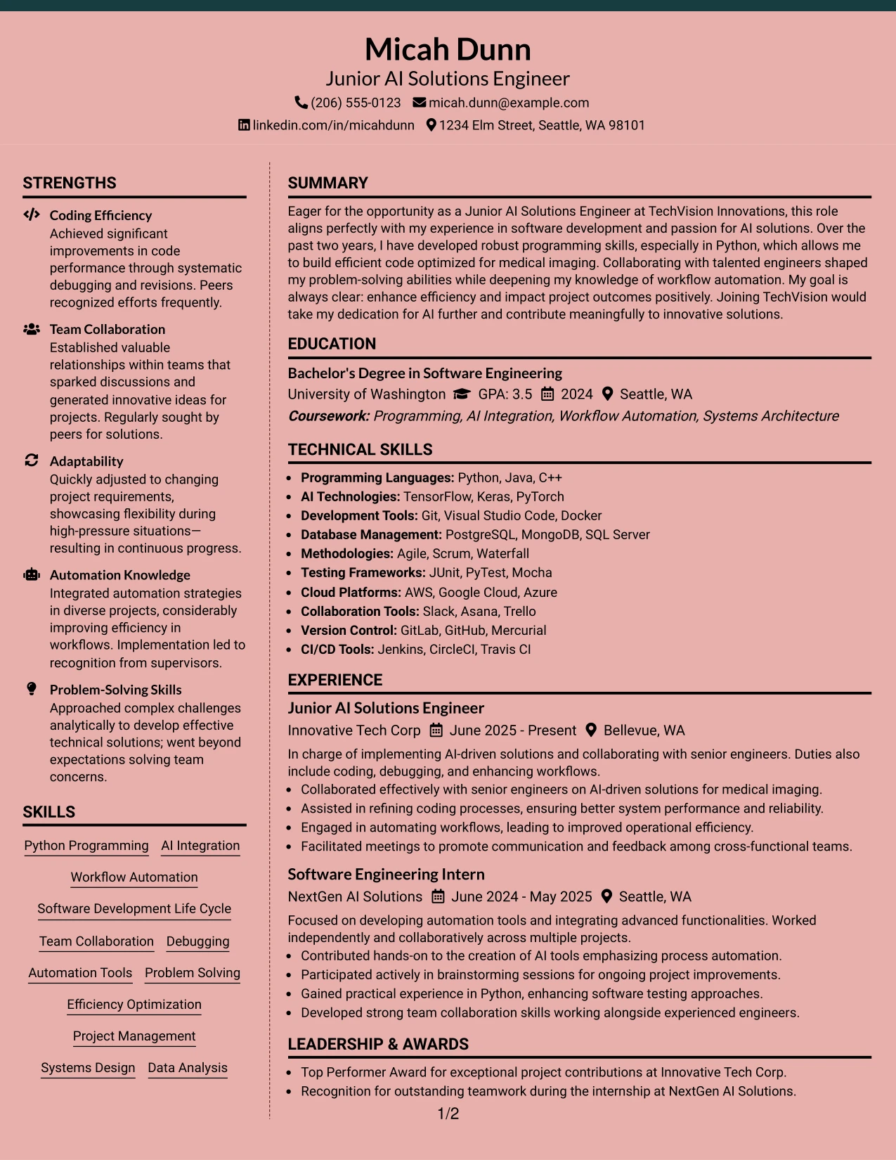 Resume Example Page 1