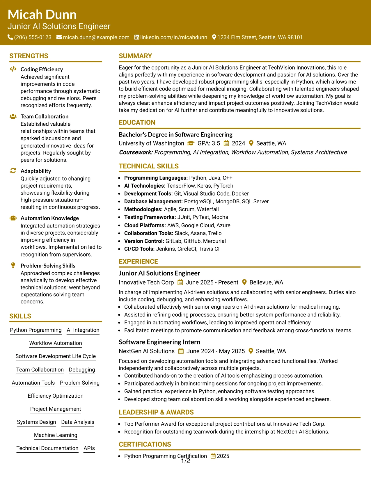 Resume Example Page 1