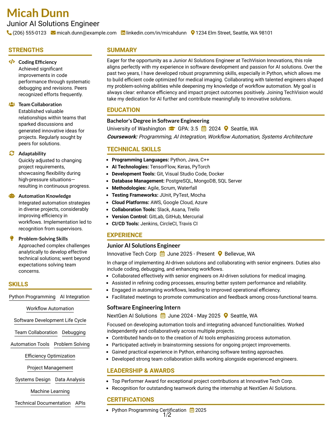 Resume Example Page 1
