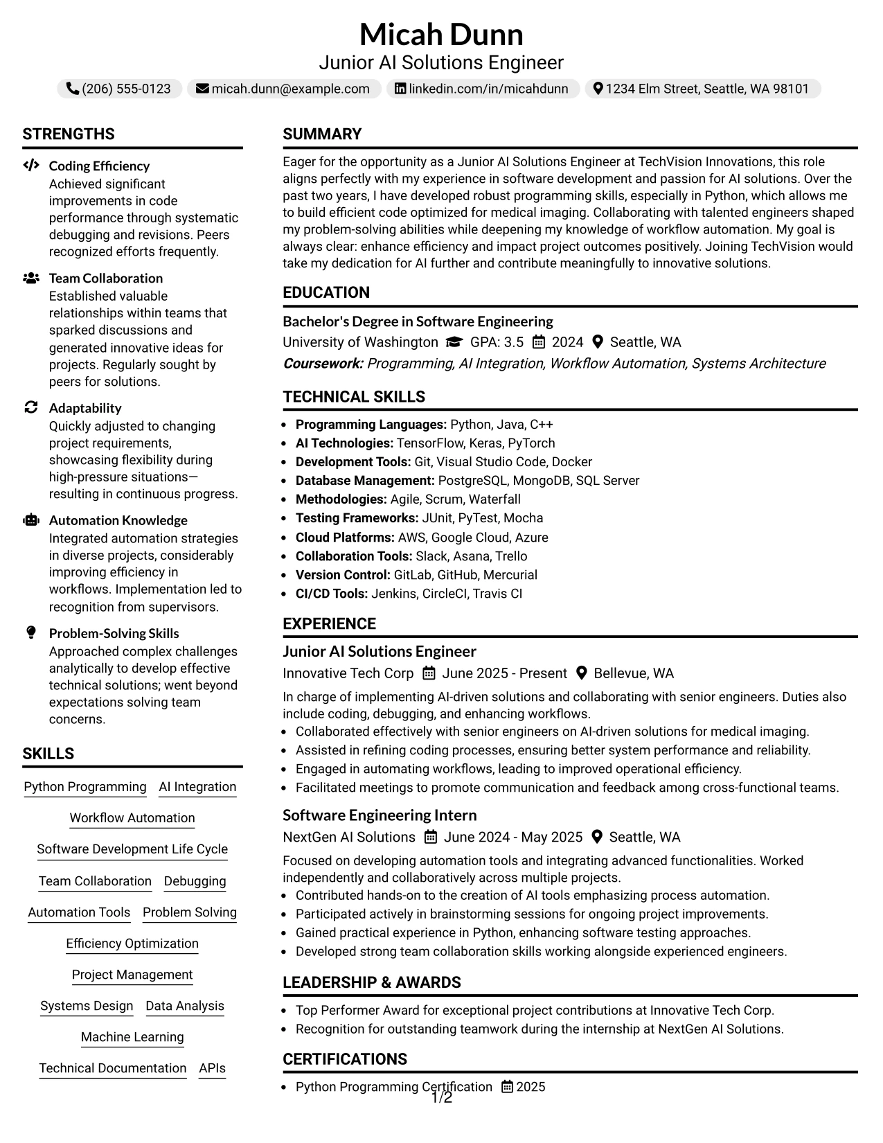 Resume Example Page 1
