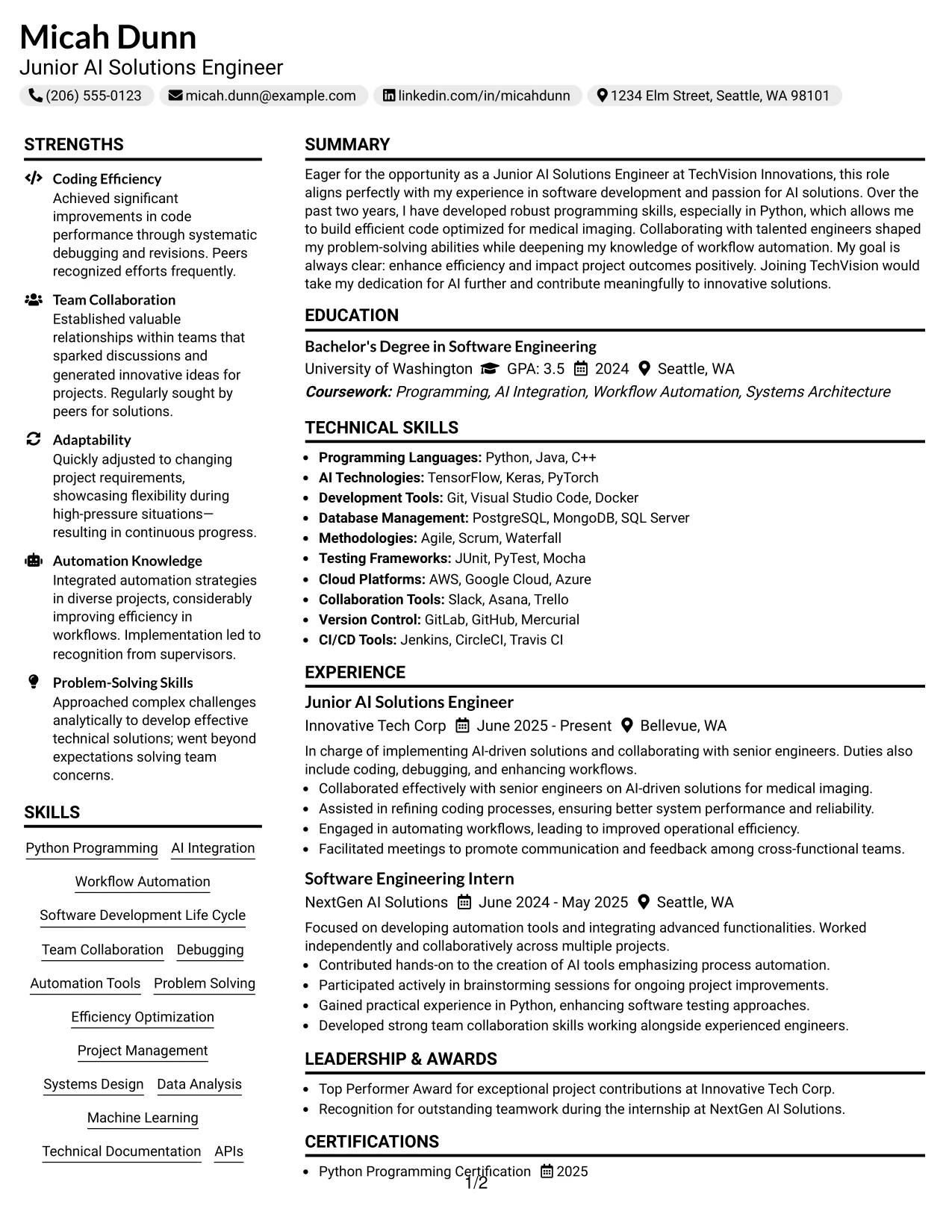 Resume Example Page 1