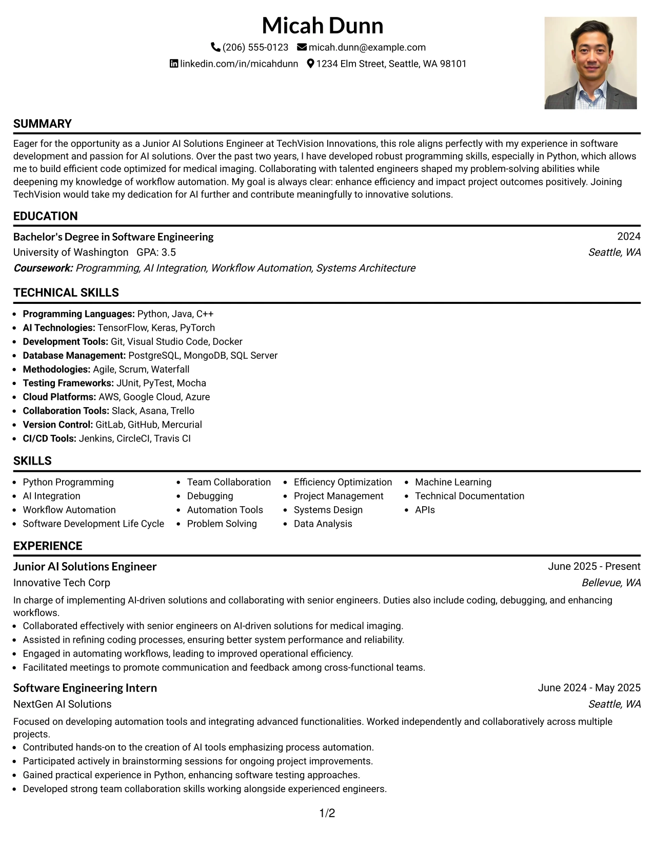 Resume Example Page 1
