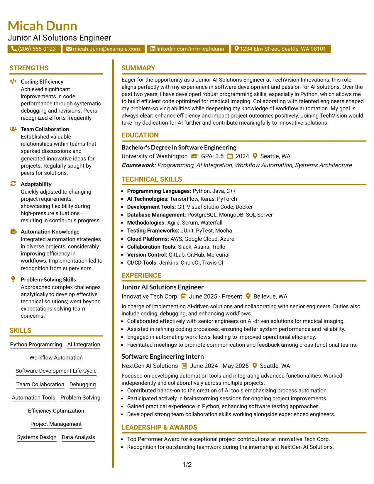 Resume Example Page 1
