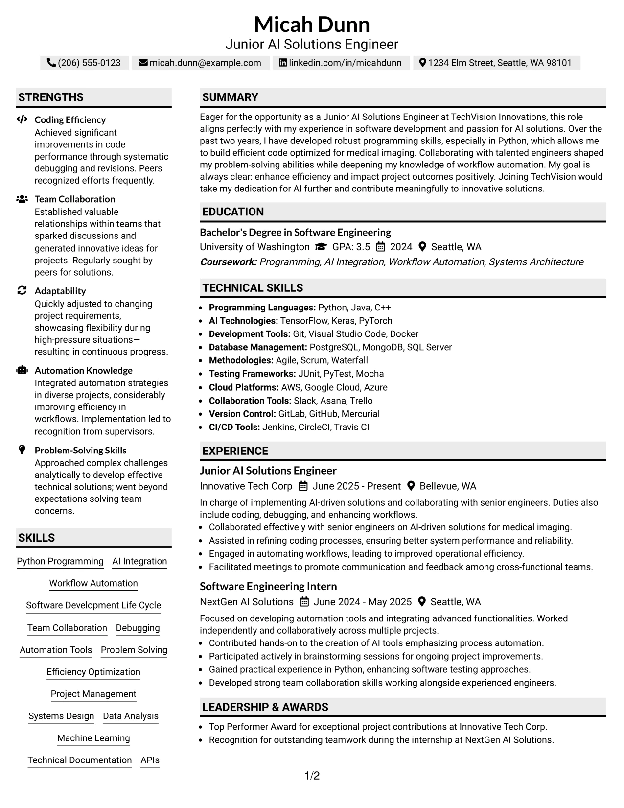Resume Example Page 1
