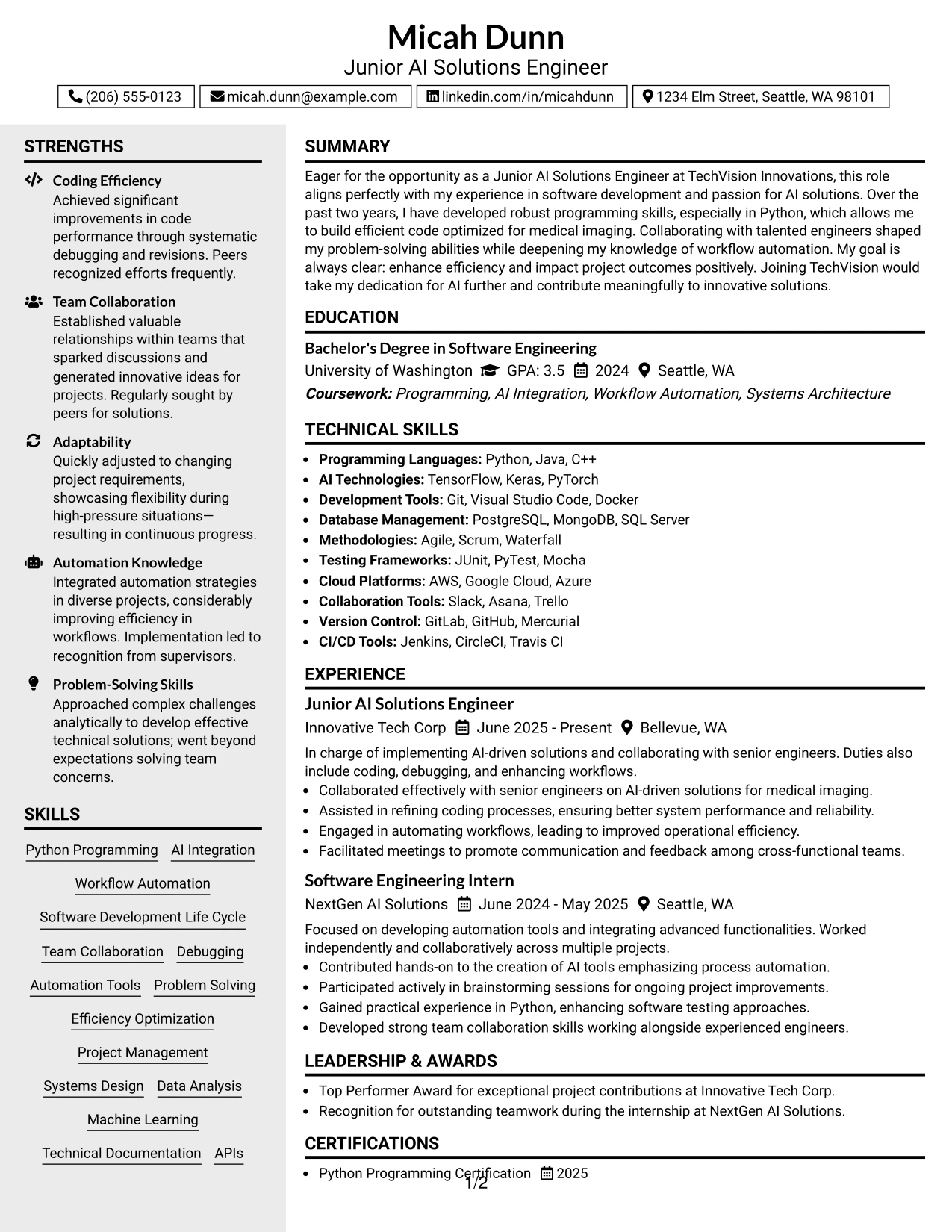 Resume Example Page 1