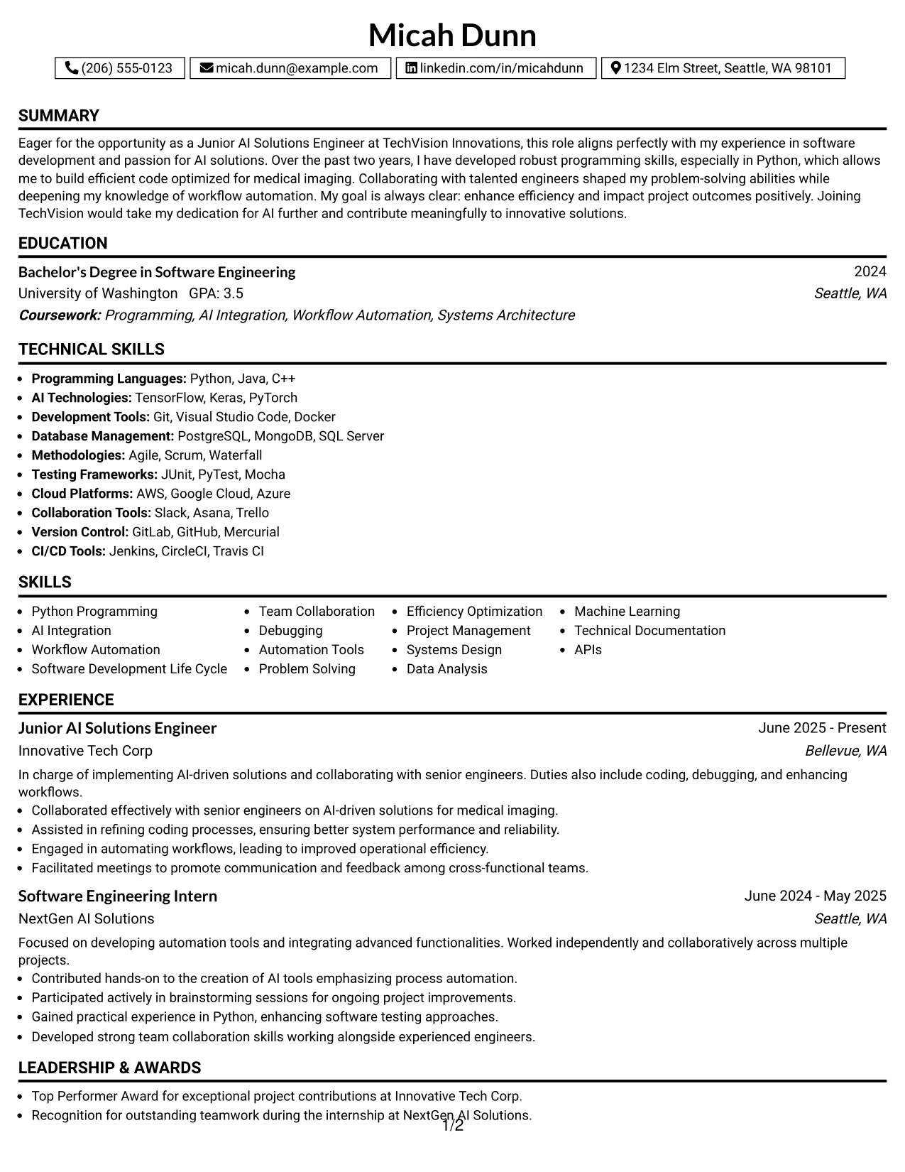 Resume Example Page 1