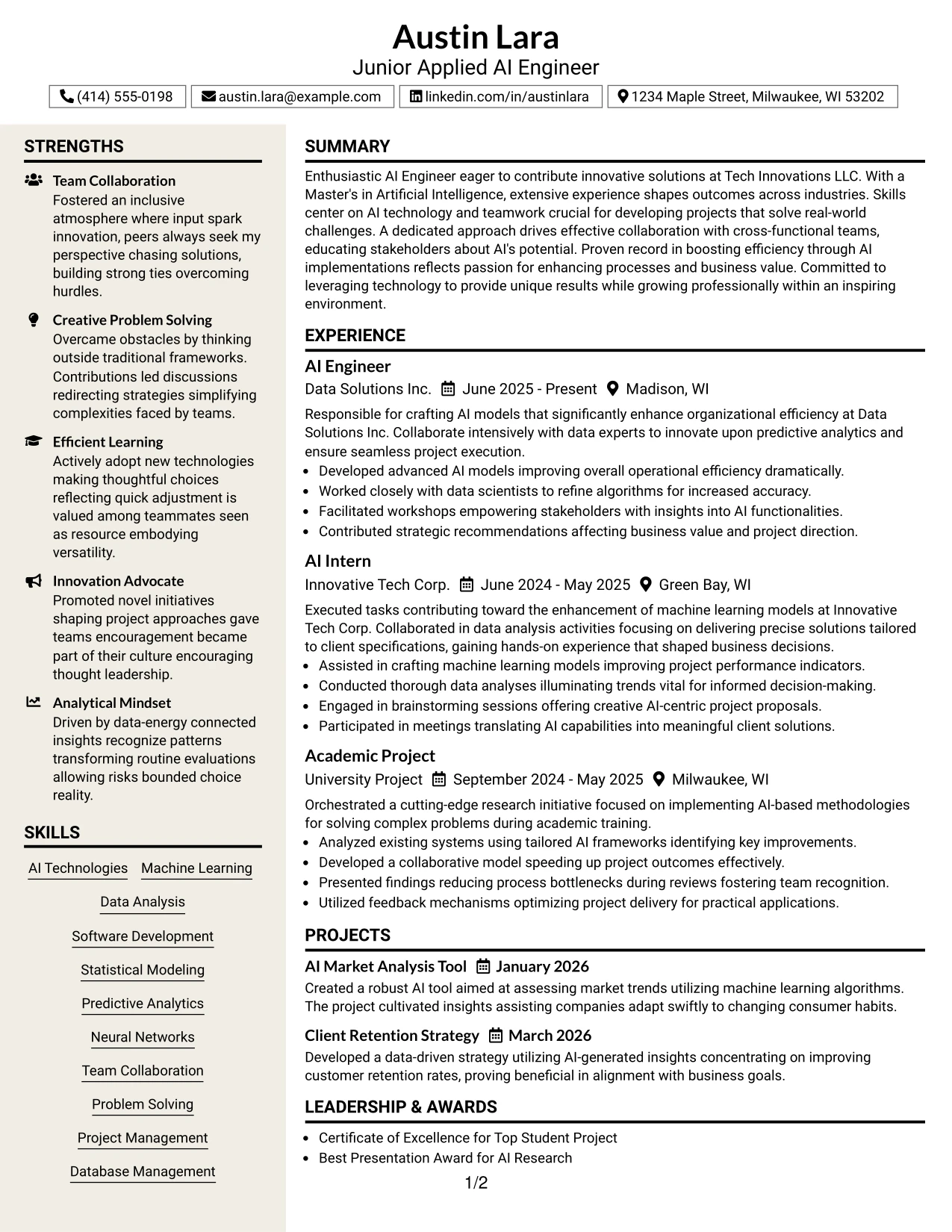 Resume Example Page 1