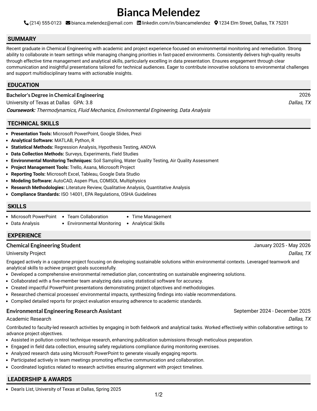 Resume Example Page 1