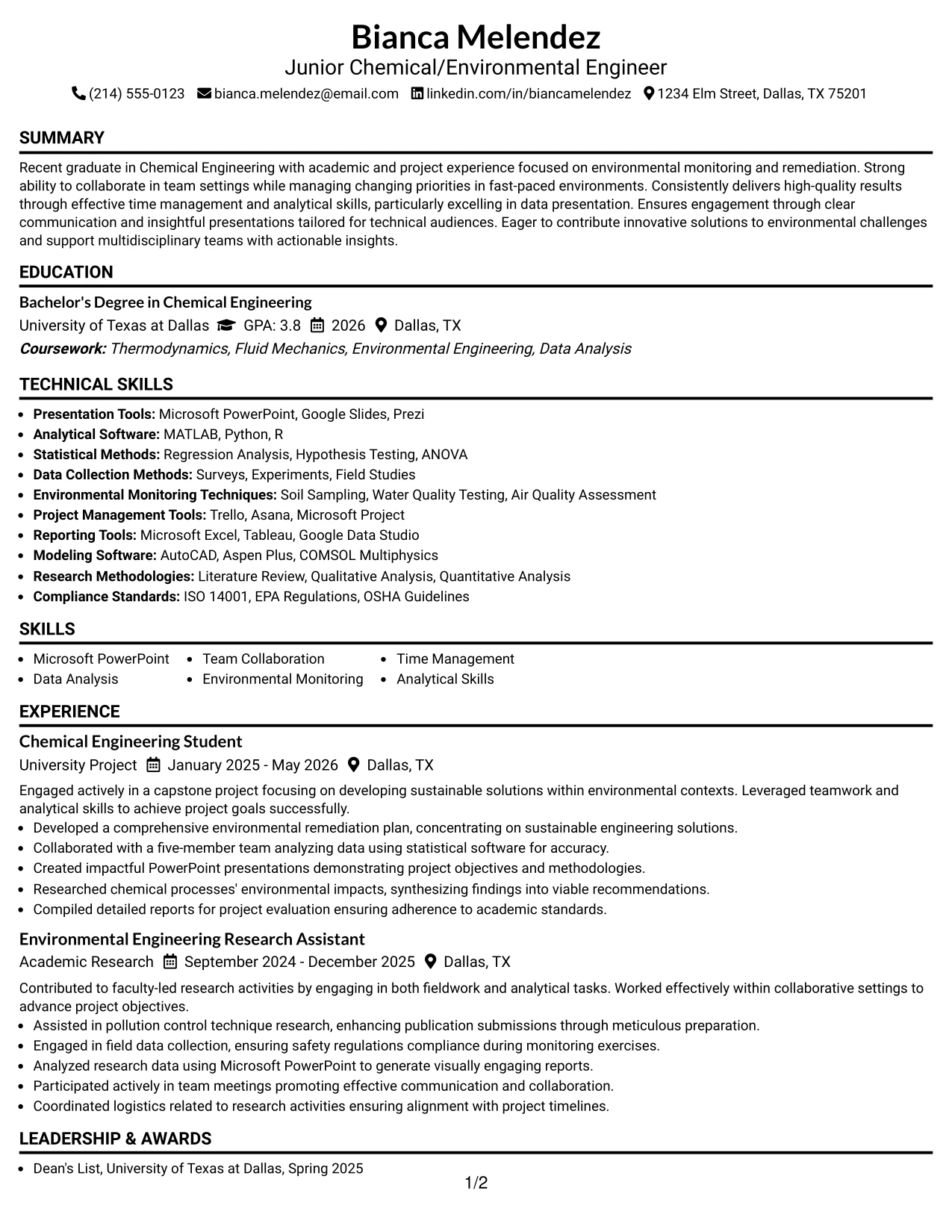 Resume Example Page 1