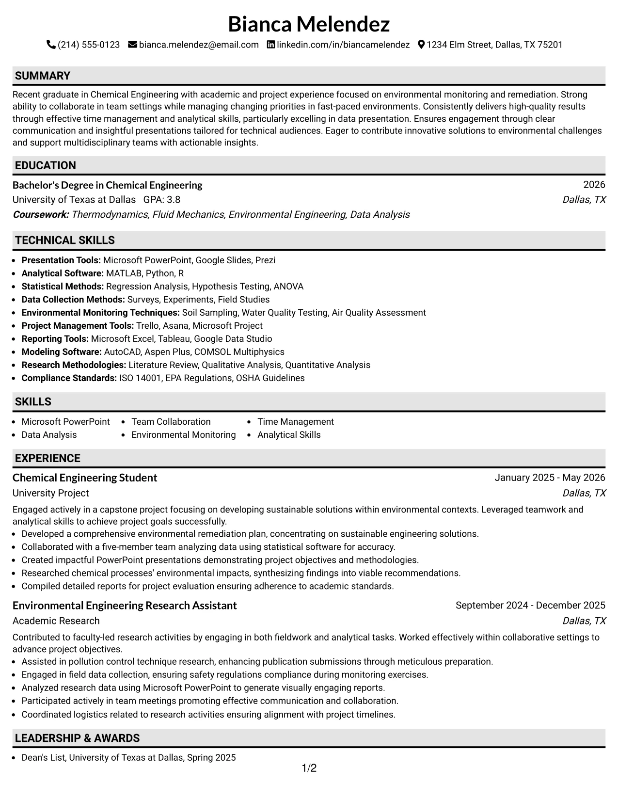Resume Example Page 1