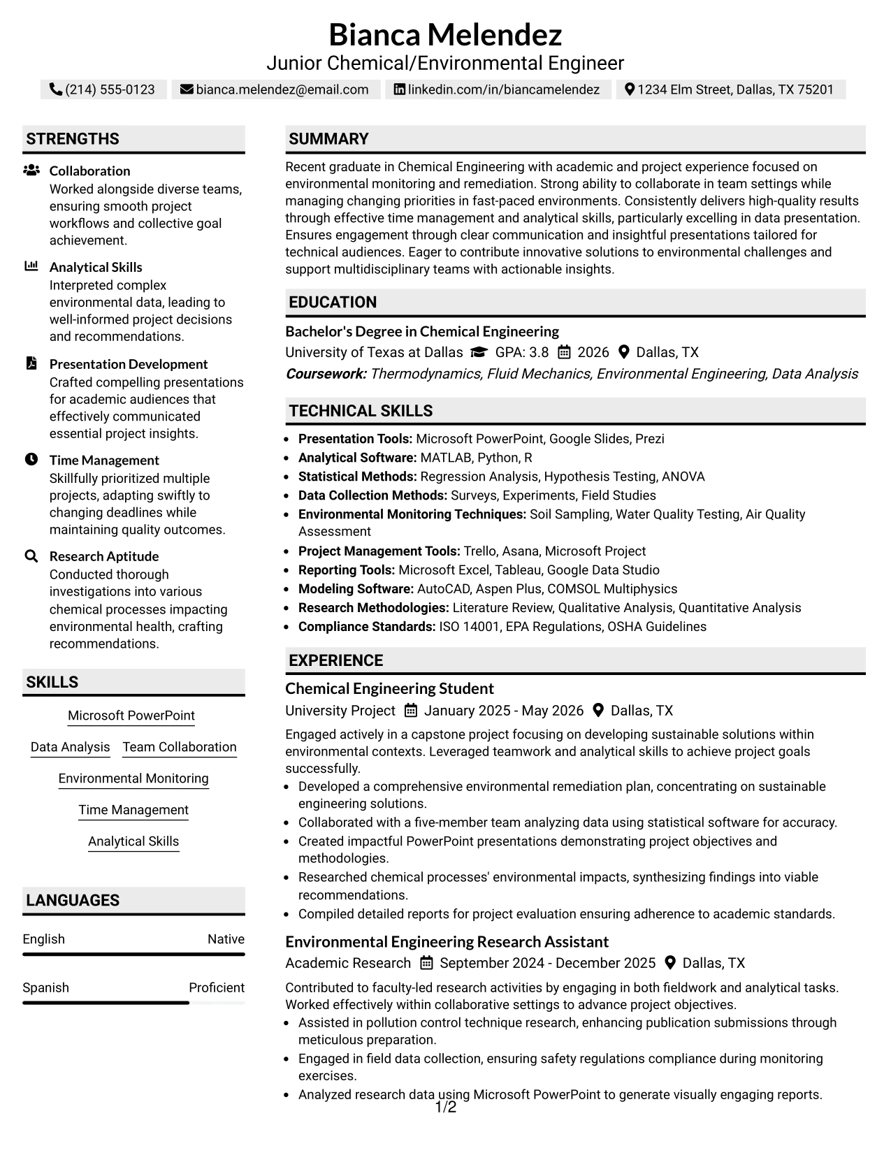 Resume Example Page 1