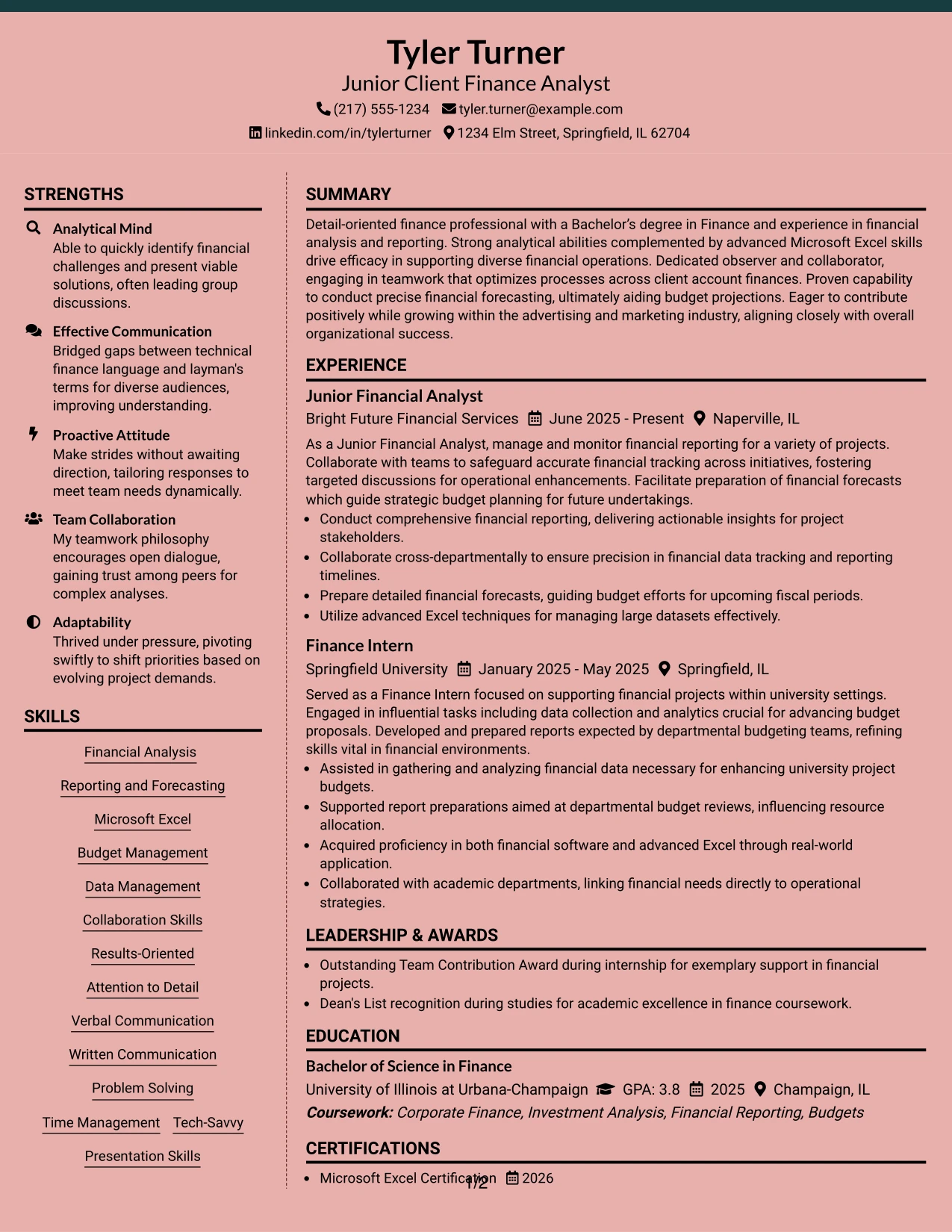 Resume Example Page 1
