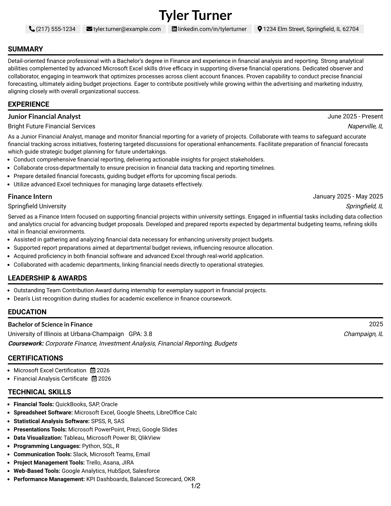Resume Example Page 1