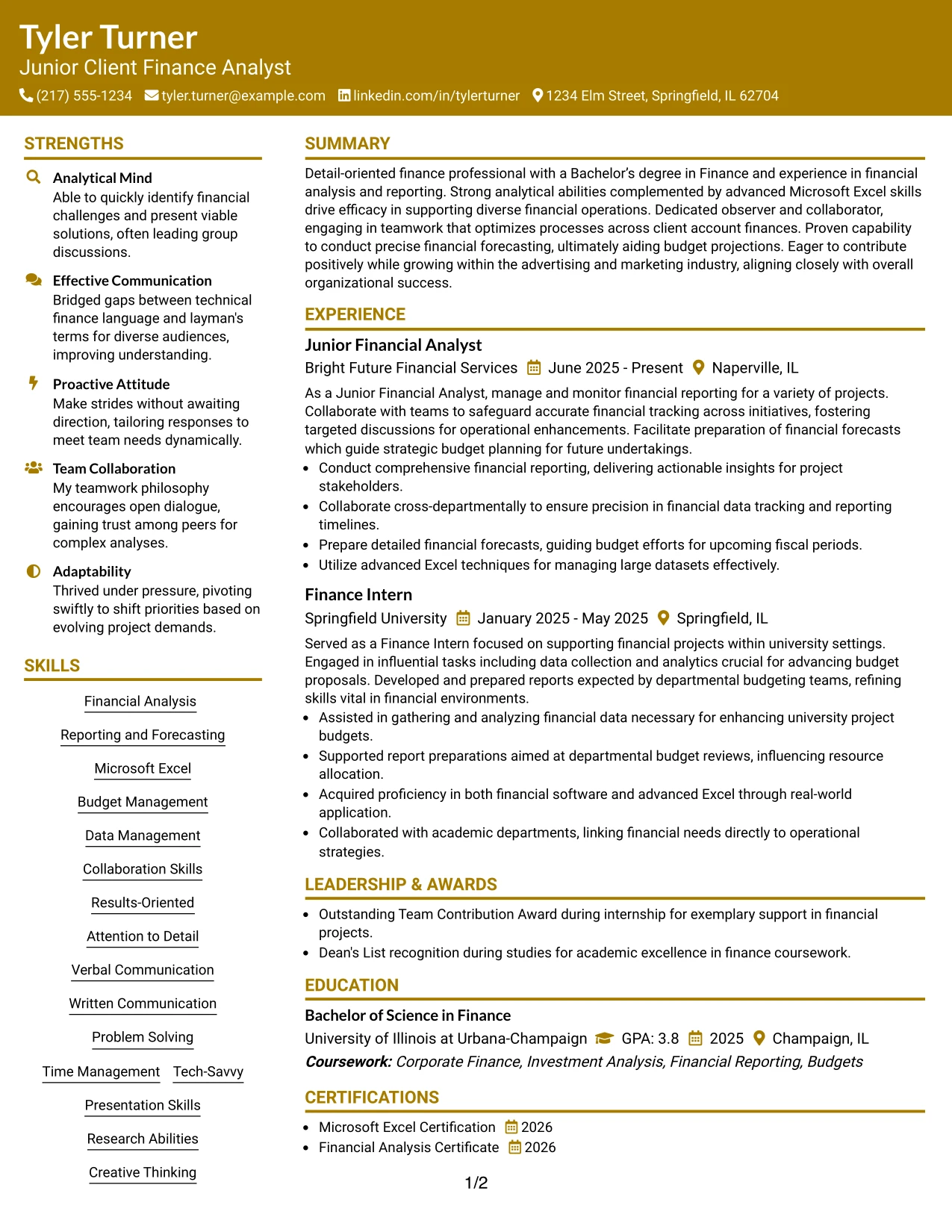 Resume Example Page 1