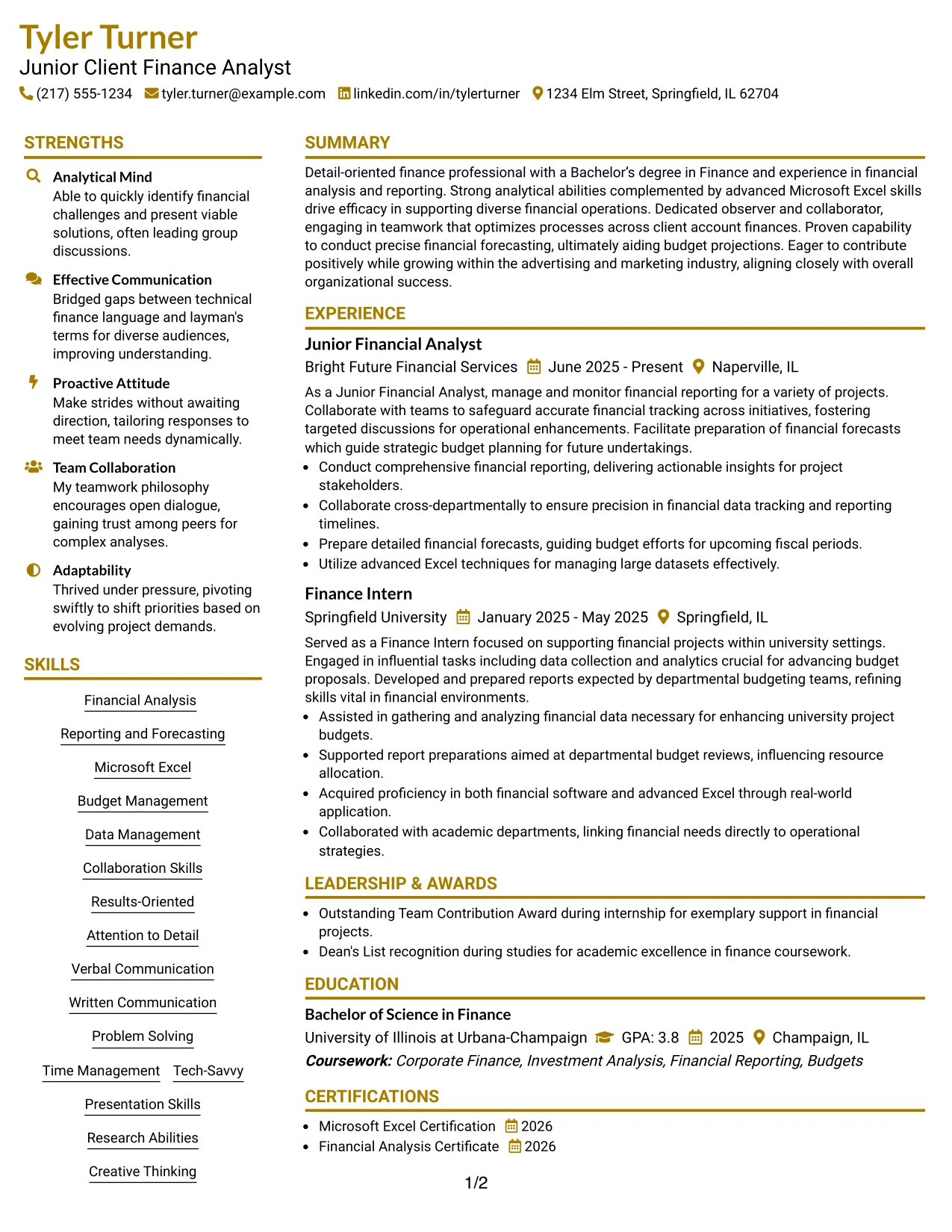 Resume Example Page 1