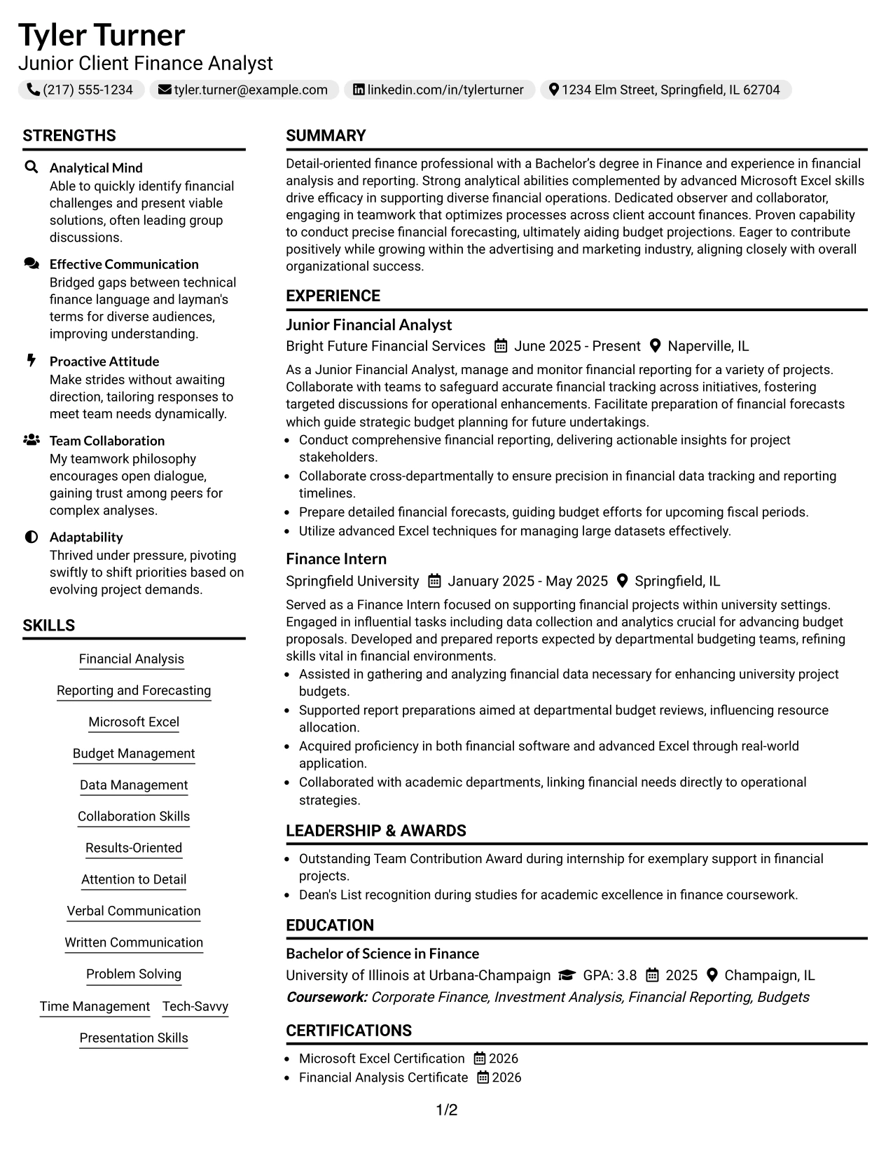 Resume Example Page 1