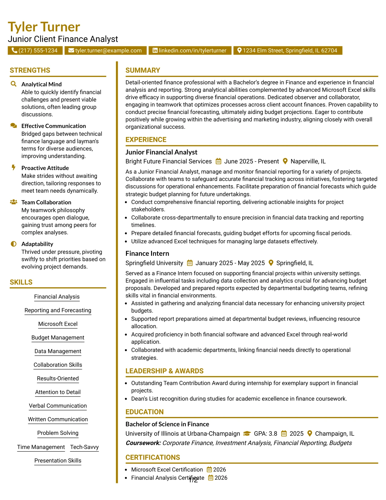 Resume Example Page 1