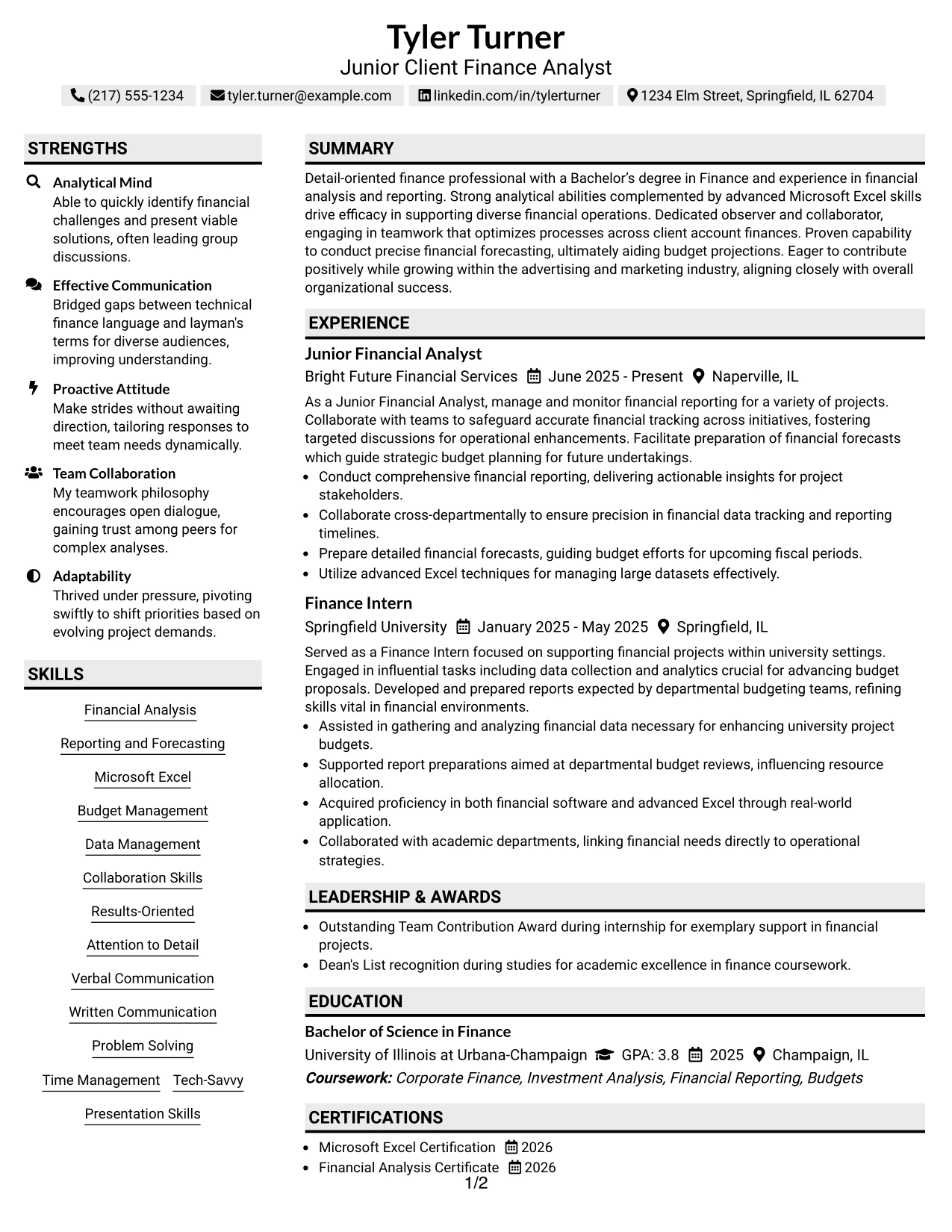 Resume Example Page 1
