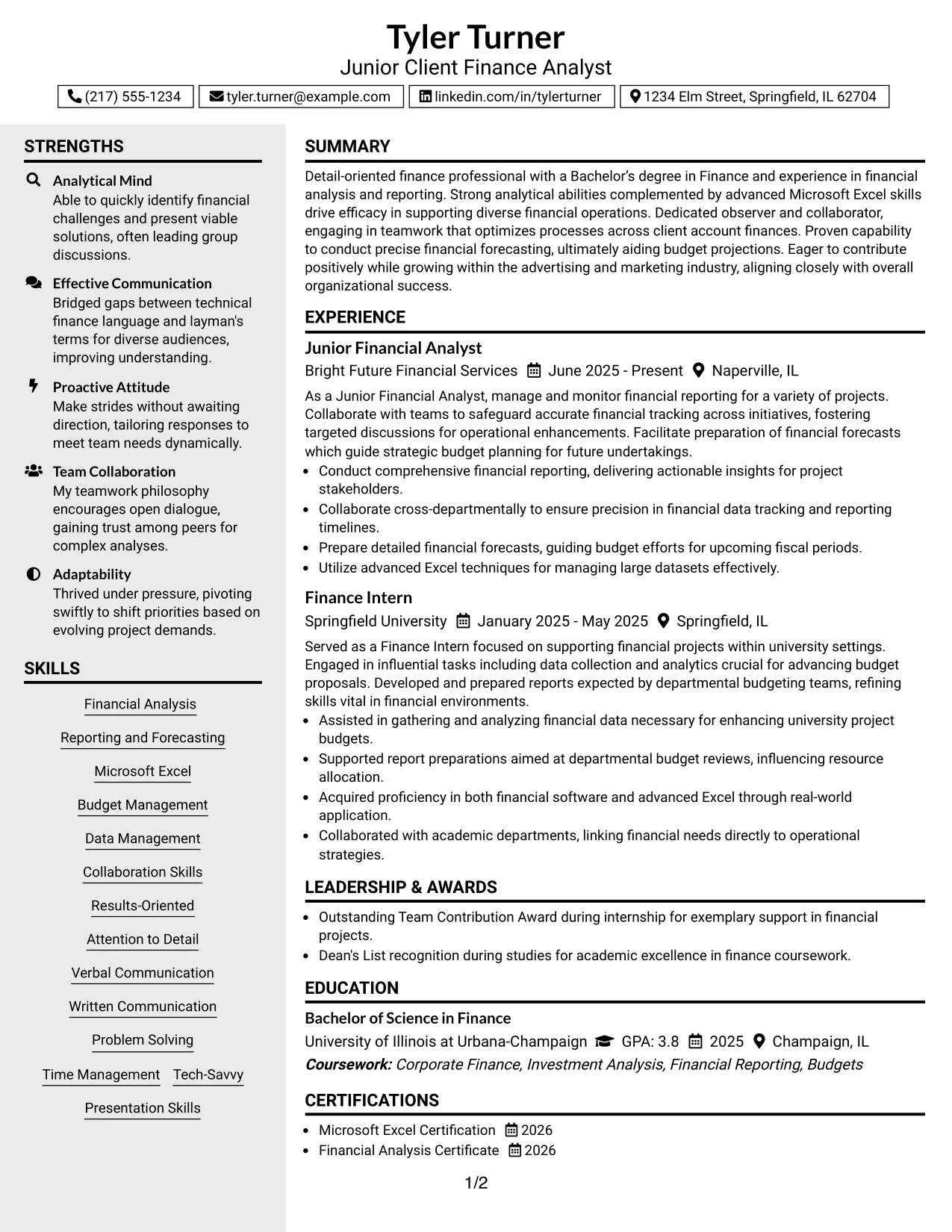 Resume Example Page 1