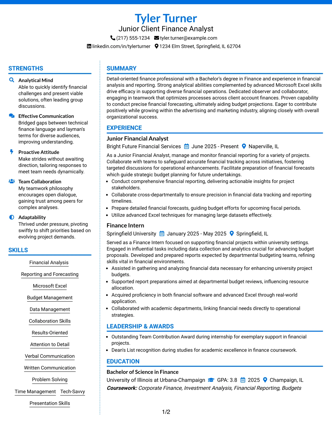 Resume Example Page 1