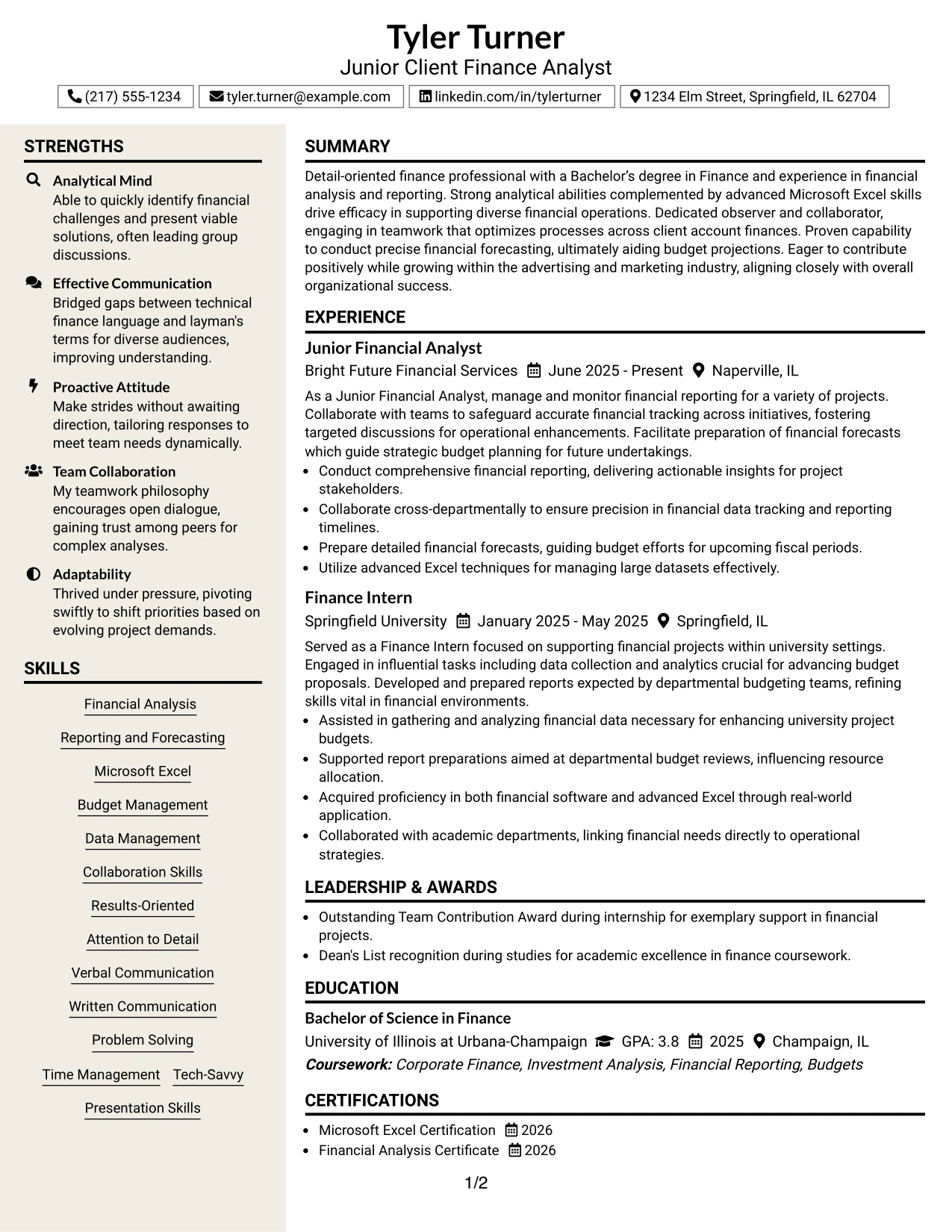 Resume Example Page 1