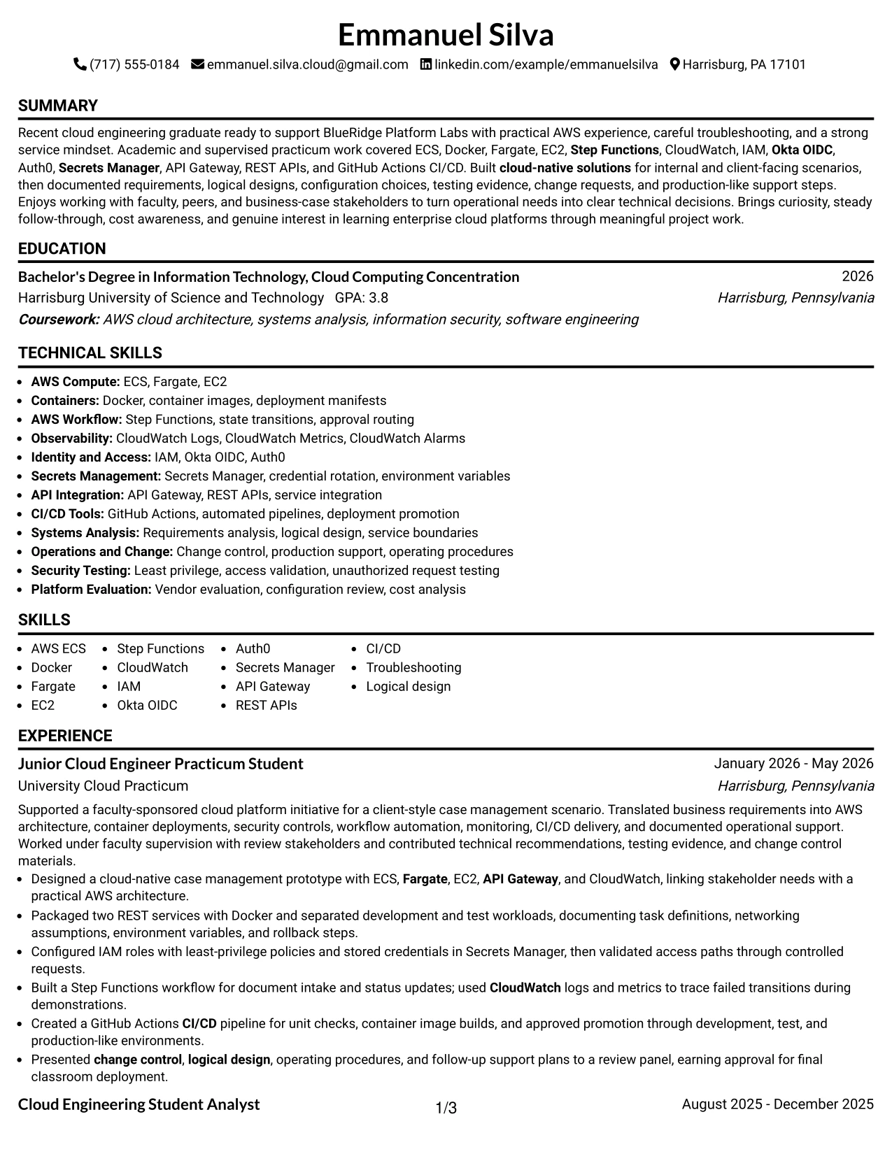 Resume Example Page 1